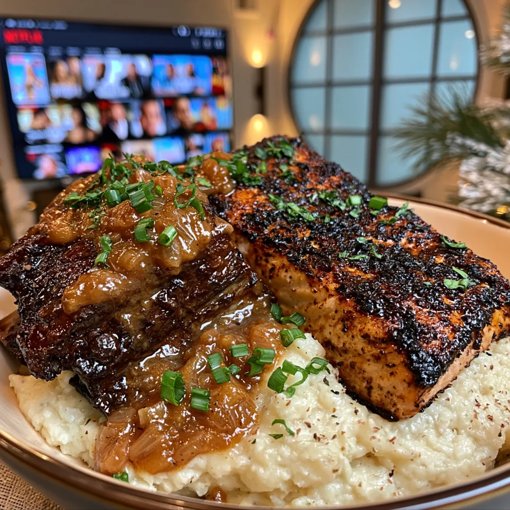 Smothered Beef Short Ribs and Blackened Salmon over Garlic Mashed Potatoes