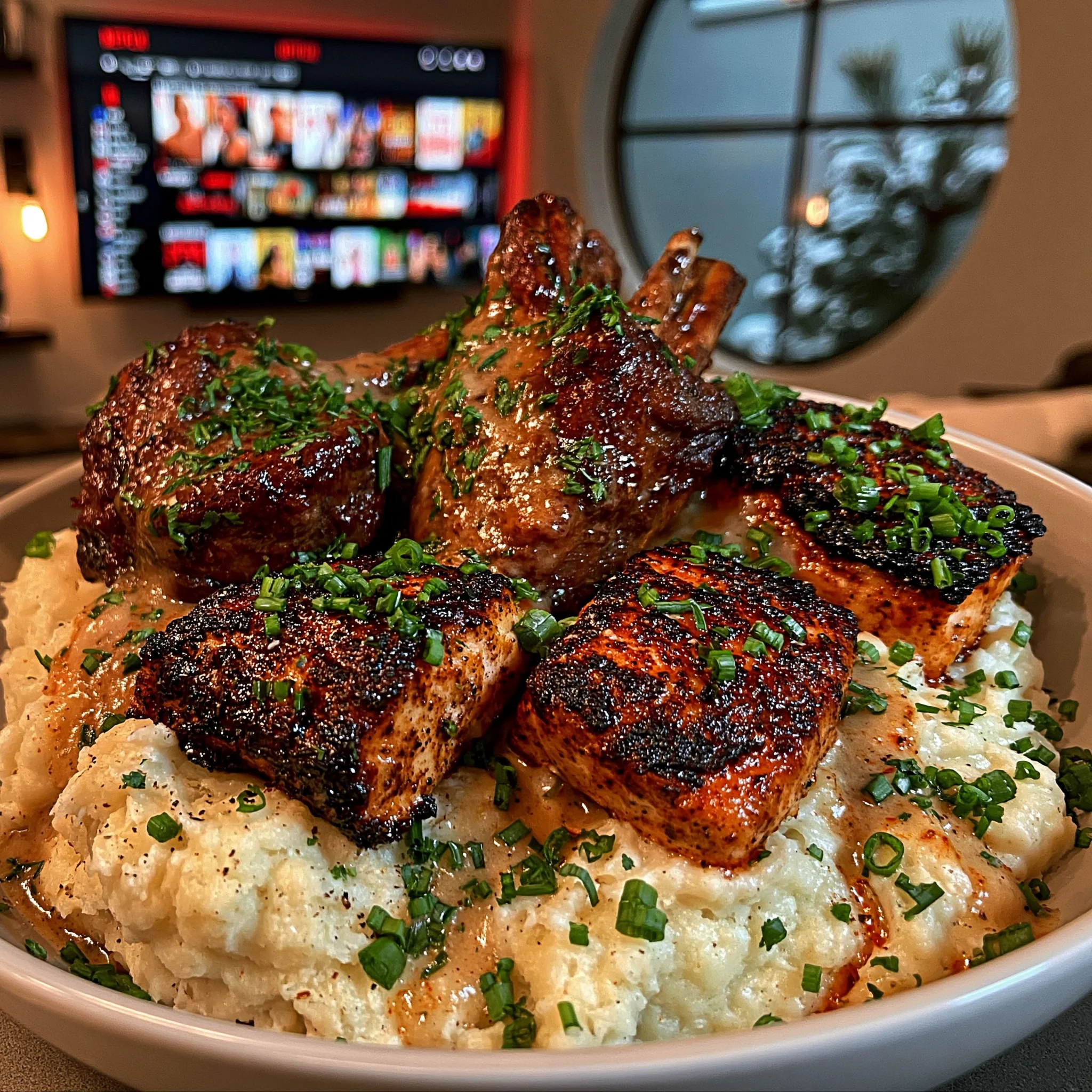 Smothered Lamb Chops and Blackened Salmon Bites over Creamy Mashed Potatoes