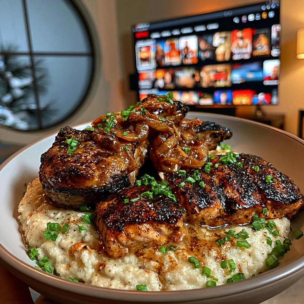 Smothered Lamb Chops and Blackened Salmon over Smoked Gouda Grits