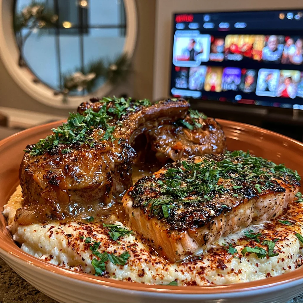 Smothered Lamb Chops and Garlic Butter Salmon over Creamy Grits