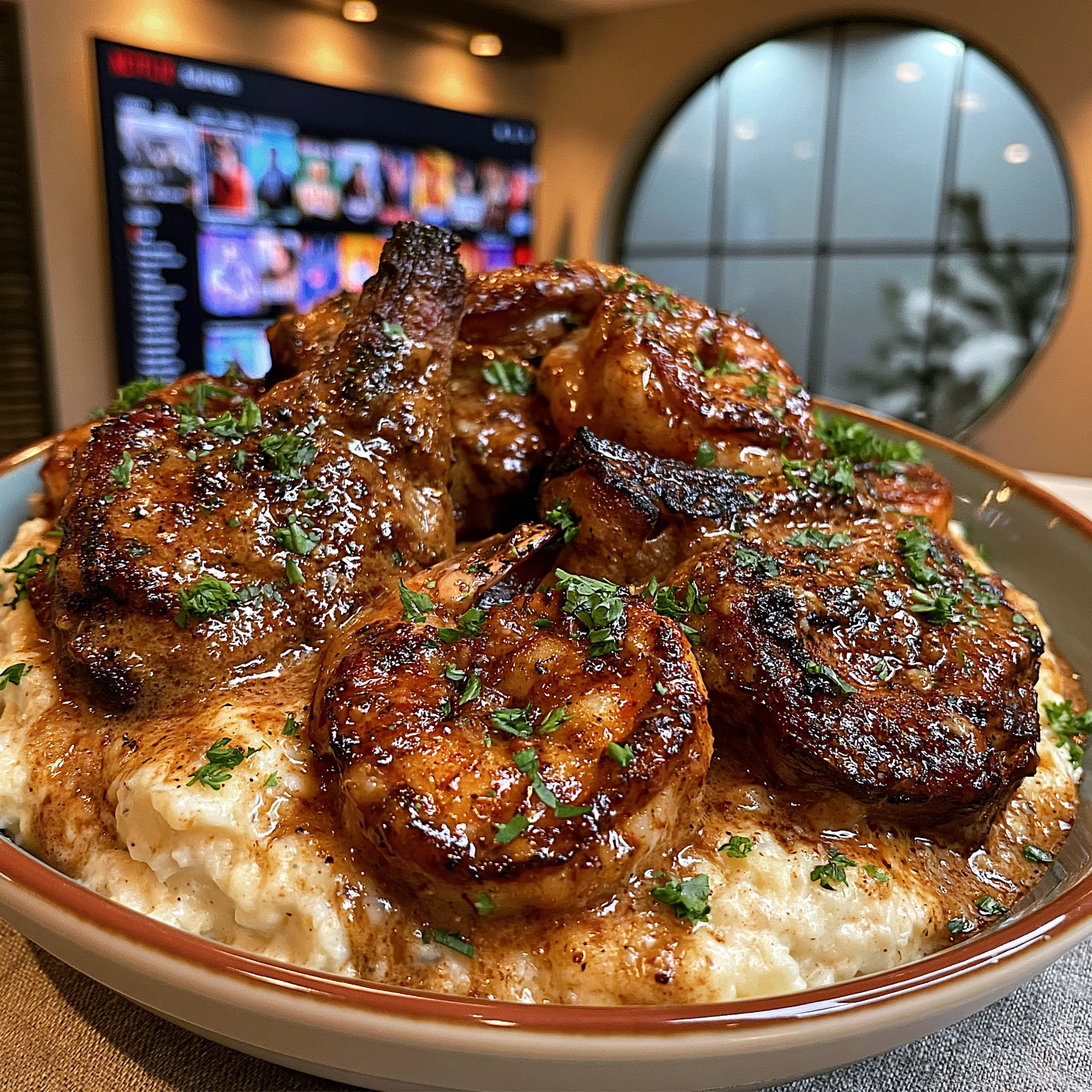 Smothered Lamb Chops and Garlic Butter Shrimp over White Cheddar Mashed Potatoes