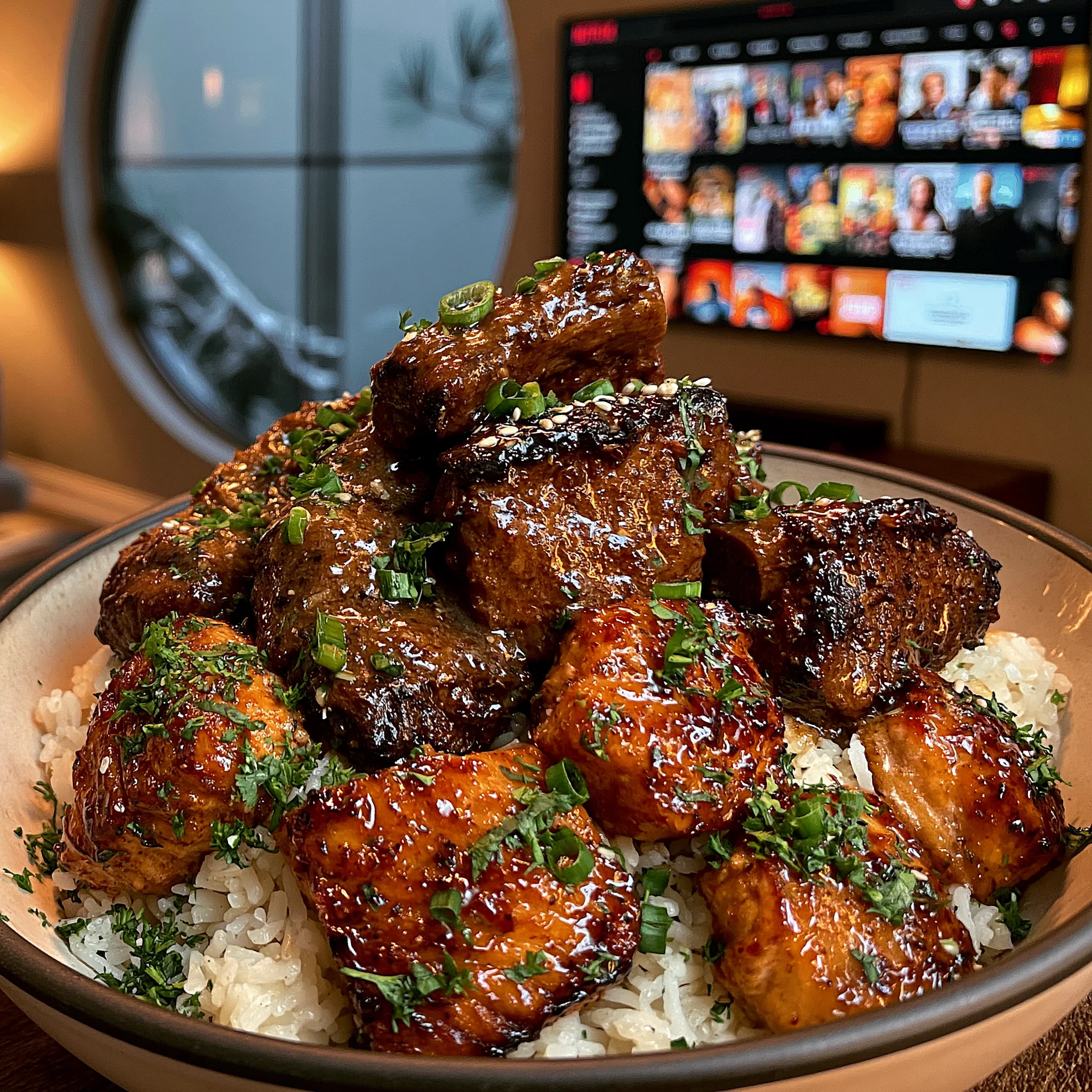 Smothered Lamb Chops and Sweet Chili Salmon Bites over Jasmine Rice