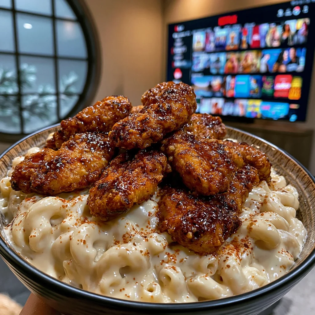 Spicy Buffalo Chicken Tenders with Creamy Macaroni and Cheese