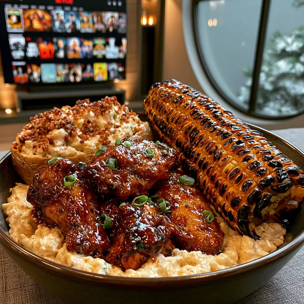 Sticky BBQ Chicken Wings with Loaded Baked Potato Salad and Charred Corn on the Cob