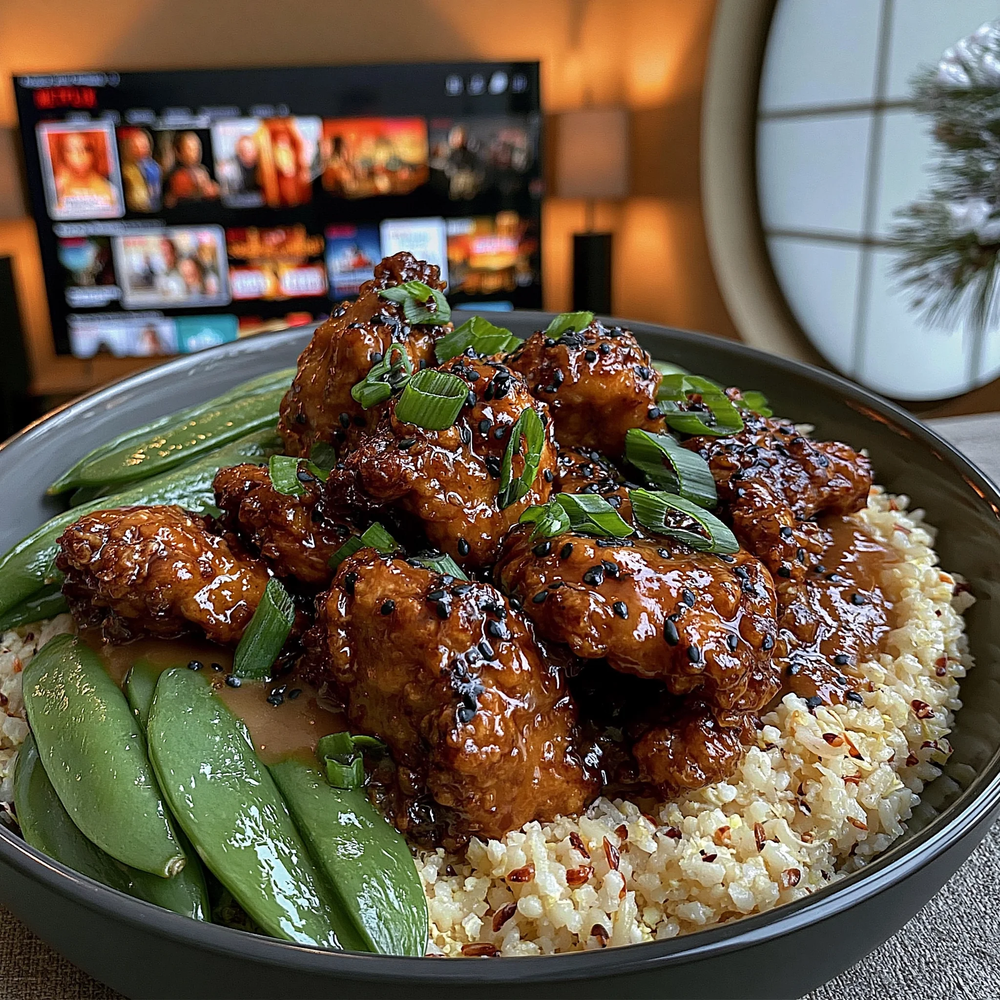 Sweet and Spicy General Tso’s Chicken with Egg Fried Rice and Steamed Snap Peas