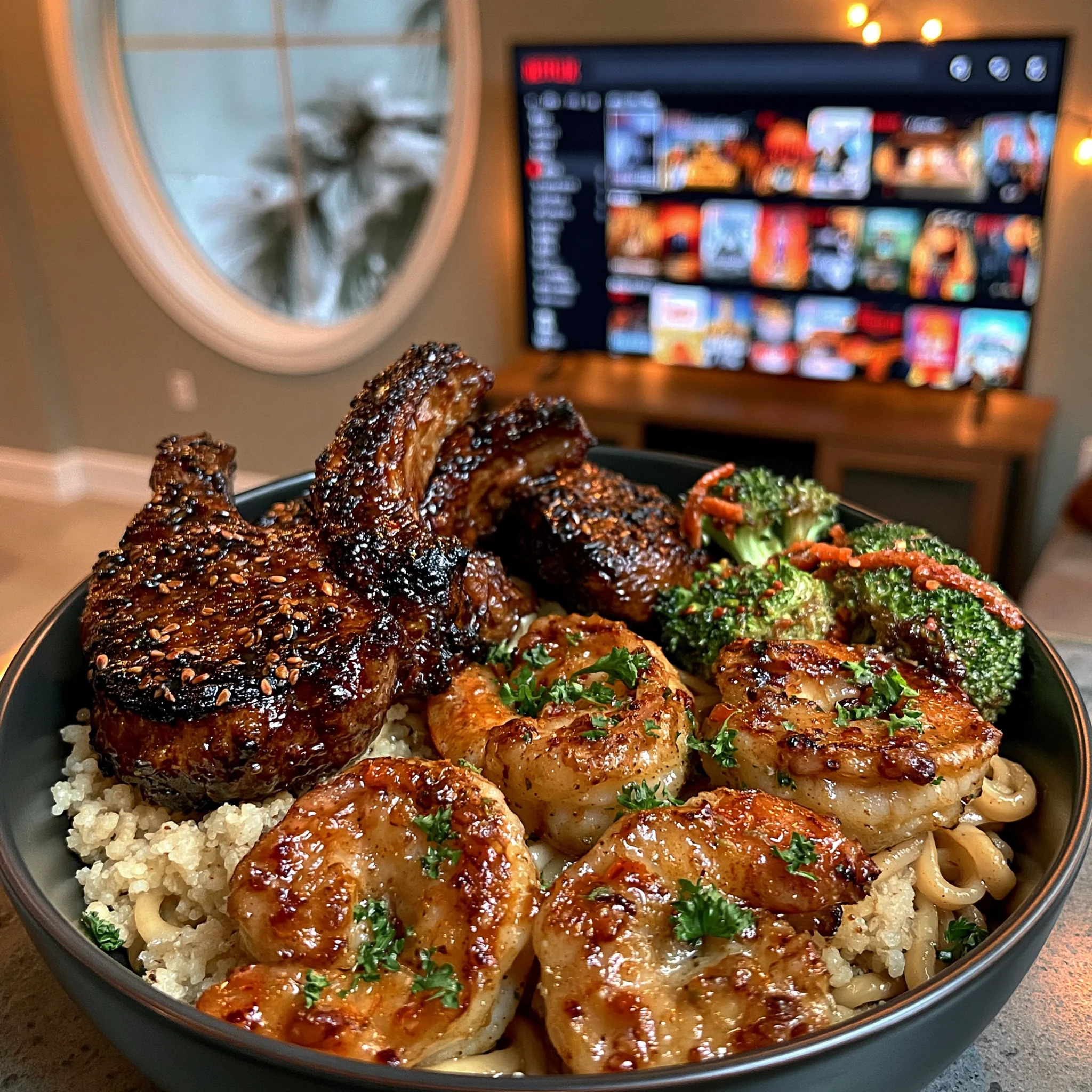 Teriyaki Lamb Chops and Garlic Butter Shrimp Hibachi Noodles