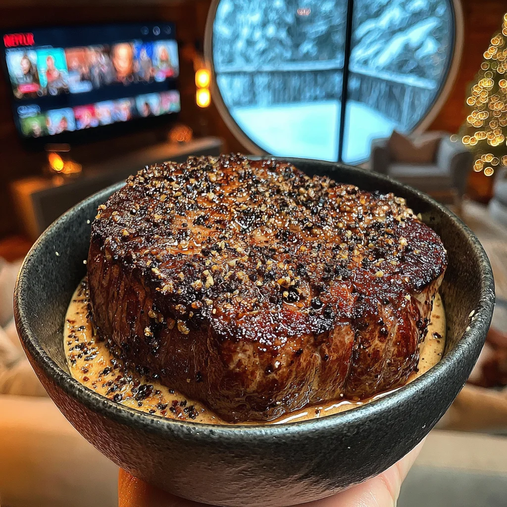Toasted Allspice and Crushed Coriander-Crusted Filet Mignon with a Roasted Garlic Shallot Butter