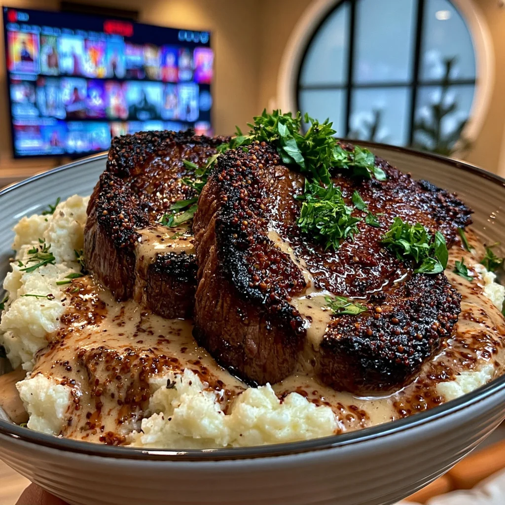 Toasted Mustard Seed and Smoked Paprika-Crusted Ribeye with a Creamy Lemon-Tarragon Gravy
