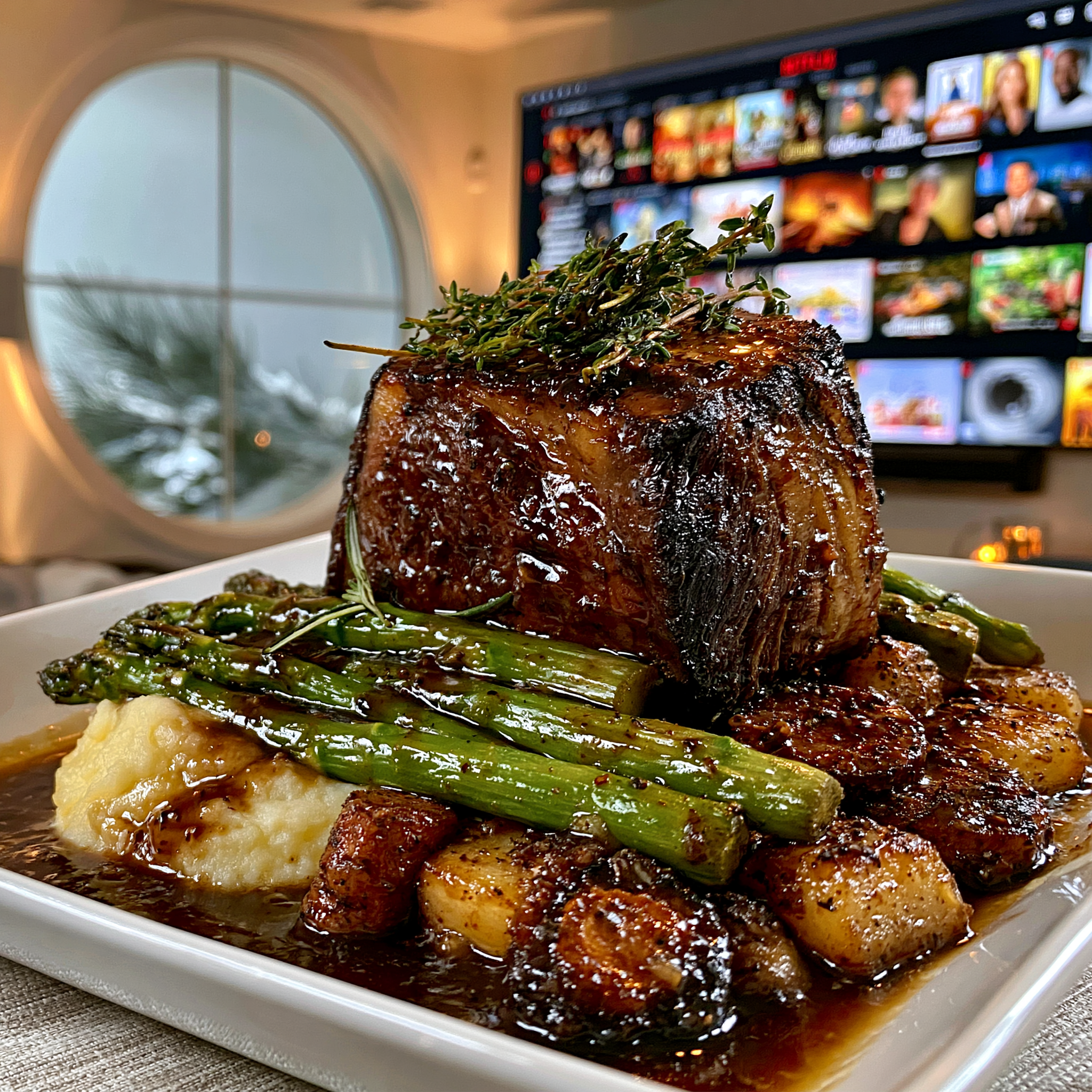 Balsamic-Glazed Rosemary and Thyme Braised Prime Rib with Rich Root Vegetable Gravy