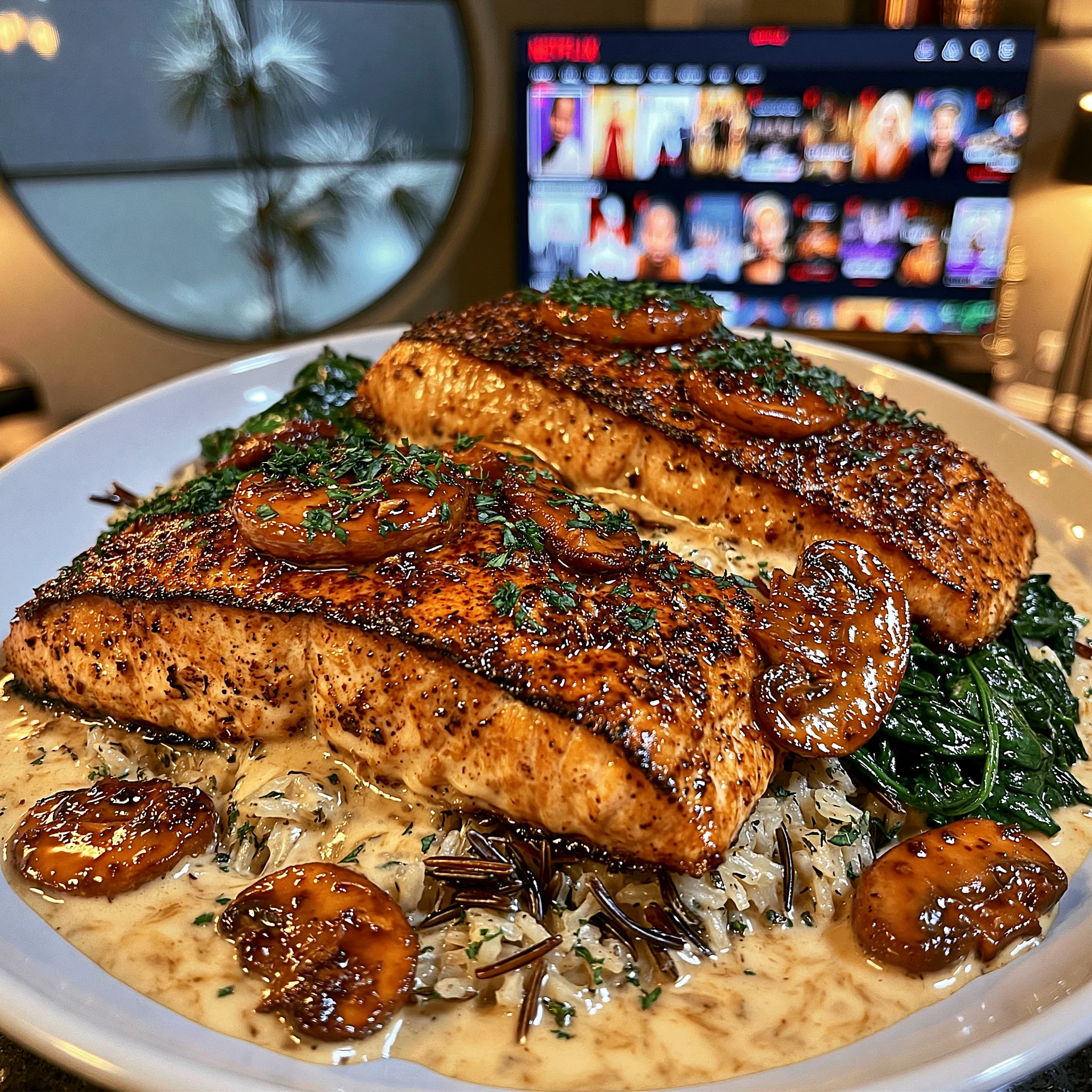 Baked Salmon Fillets in a Rich Garlic Mushroom Cream Sauce with Herbed Wild Rice and Sautéed Spinach