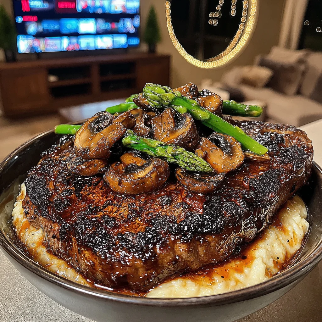 Balsamic-Glazed Leek and Sage-Crusted Ribeye with a Velvety Wild Mushroom Jus