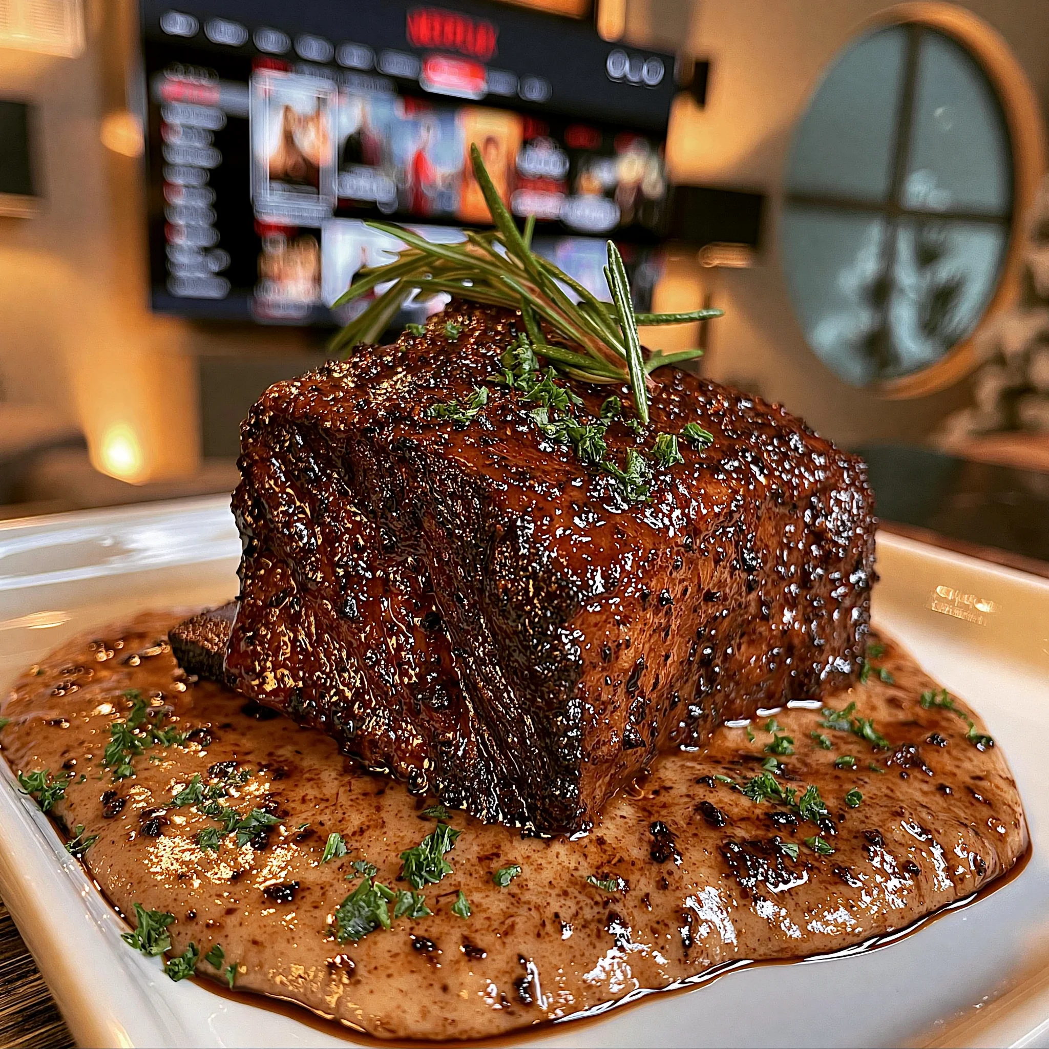 Balsamic-Reduction and Rosemary Braised Short Rib with a Rich Bone Marrow Gravy