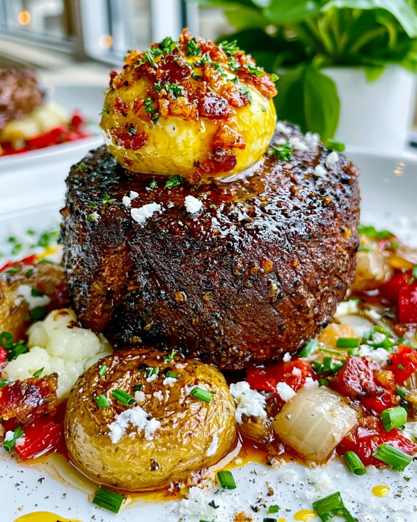 Black Garlic and Crispy Pancetta-Crusted Filet Mignon with a White Truffle and Chive Bone Marrow Butter