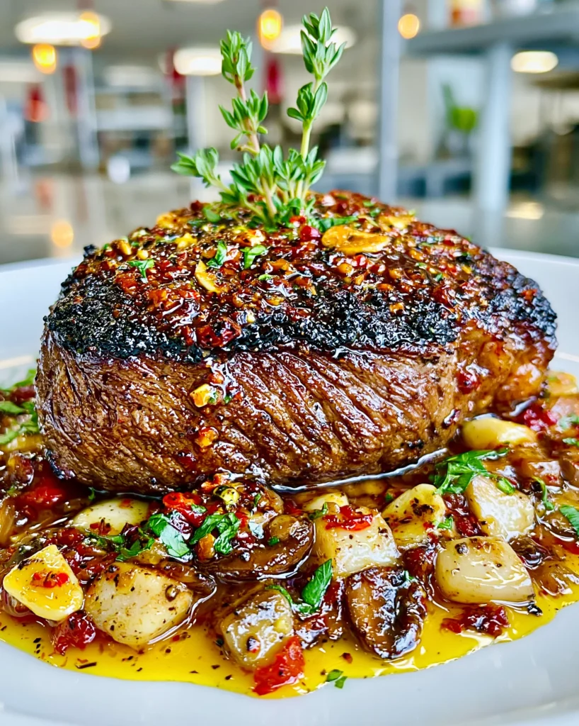 Black Garlic and Crushed Fennel-Crusted Ribeye with a Creamy Wild Mushroom and Truffle Gravy