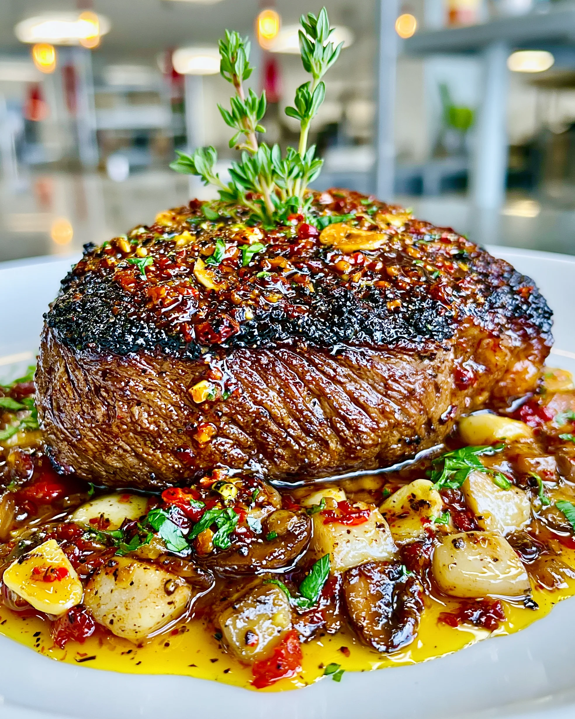 Black Garlic and Crushed Fennel-Crusted Ribeye with a Creamy Wild Mushroom and Truffle Gravy