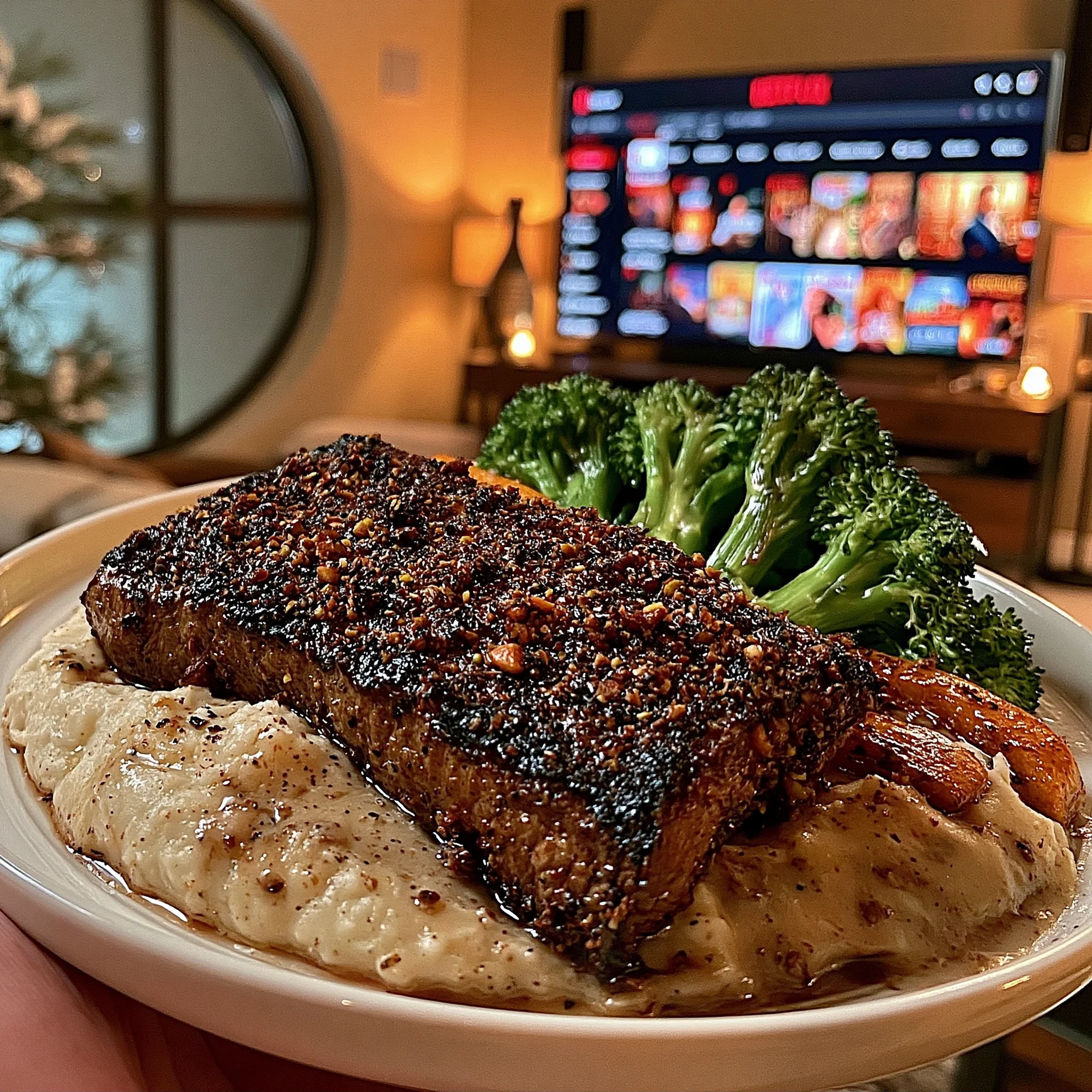 Black Garlic and Roasted Pistachio-Crusted Strip Steak with a Bourbon Bone Marrow Butter