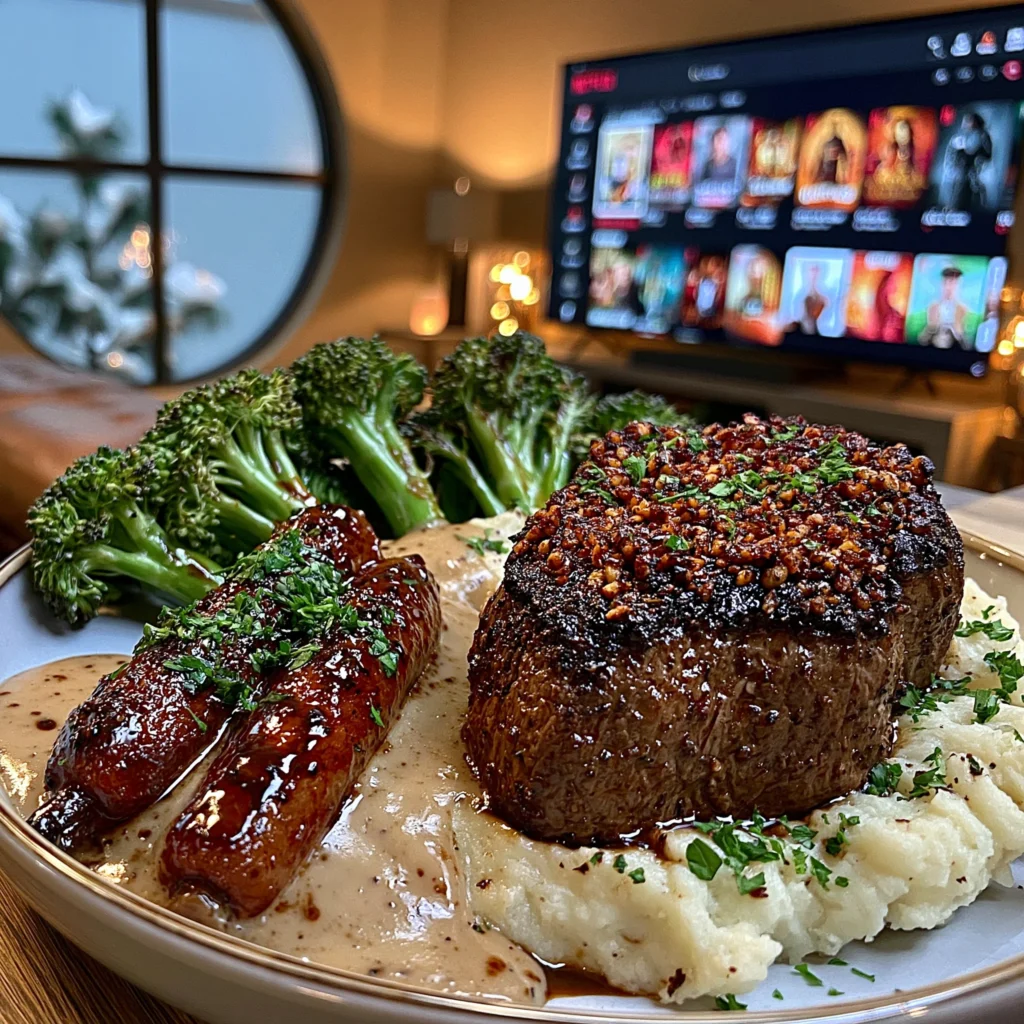 Black Garlic and Toasted Pine Nut-Crusted Filet Mignon with a Creamy Cognac and Chervil Reduction