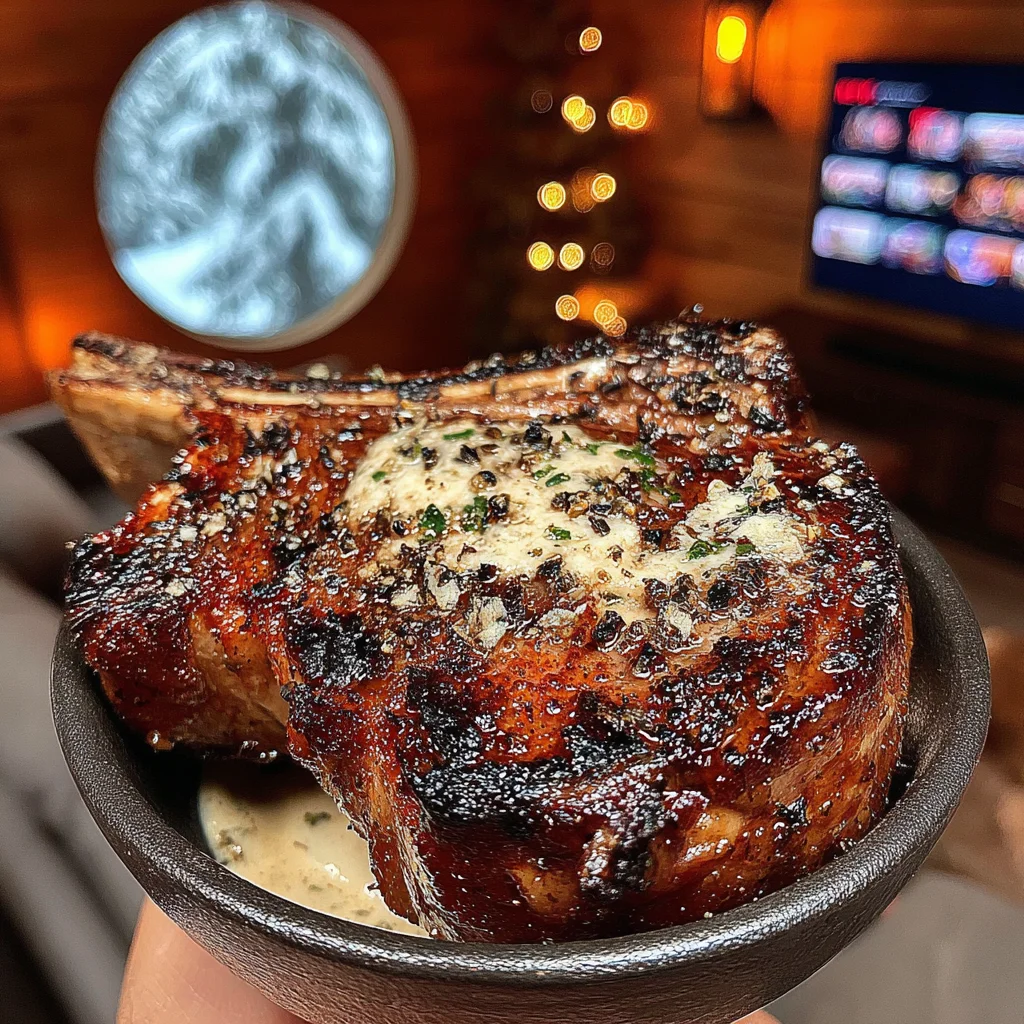 Black Truffle and Sea Salt-Crusted Tomahawk with a Roasted Garlic Confit Butter