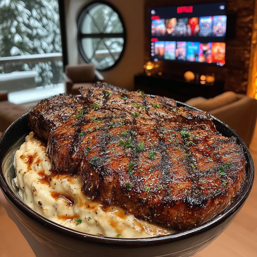 Blackened Garlic and Coriander-Crusted Strip Steak with Whipped Roasted Eggplant Compound Butter