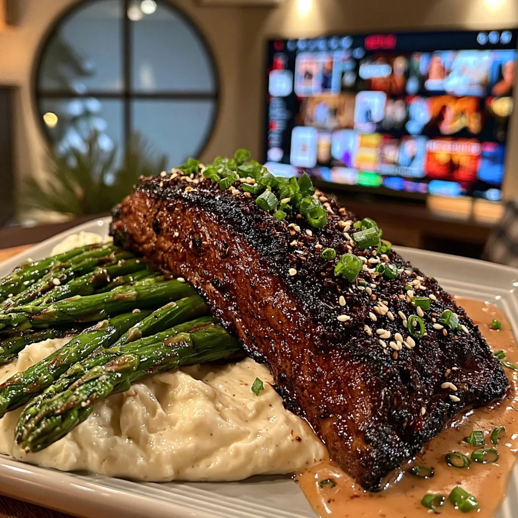 Blackened Scallion and Sesame-Crusted Flank Steak with Whipped Roasted Garlic Butter