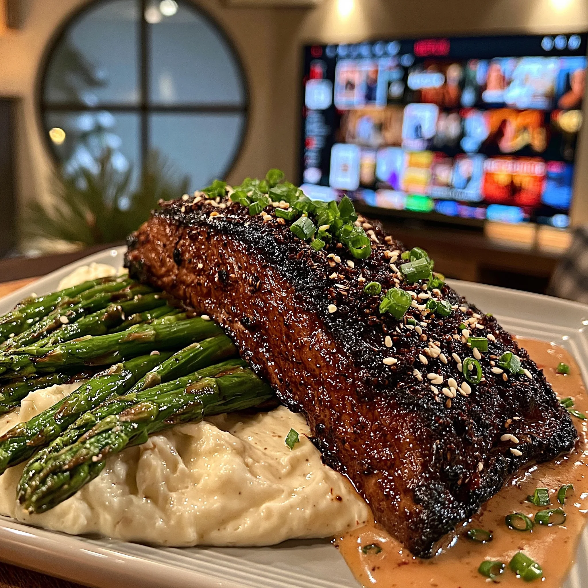 Blackened Scallion and Sesame-Crusted Flank Steak with Whipped Roasted Garlic Butter