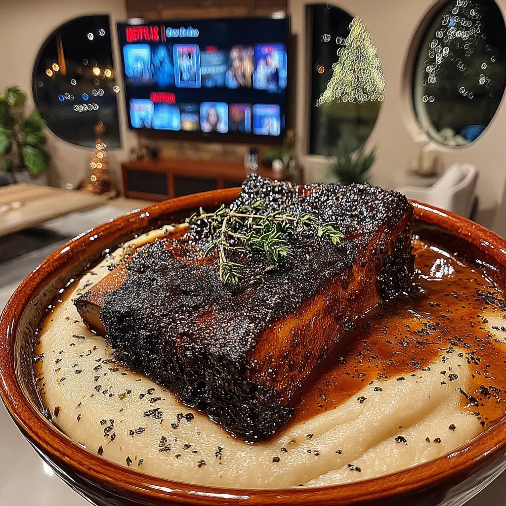 Blackened Shallot and Thyme-Crusted Beef Short Ribs with a Silky Roasted Garlic and Parsnip Gravy