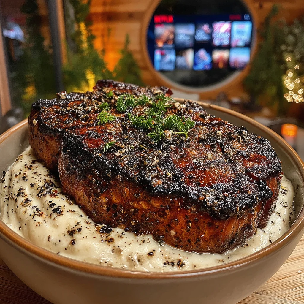 Blackened Tomato and Oregano-Crusted Strip Steak with Whipped Roasted Marrow Butter