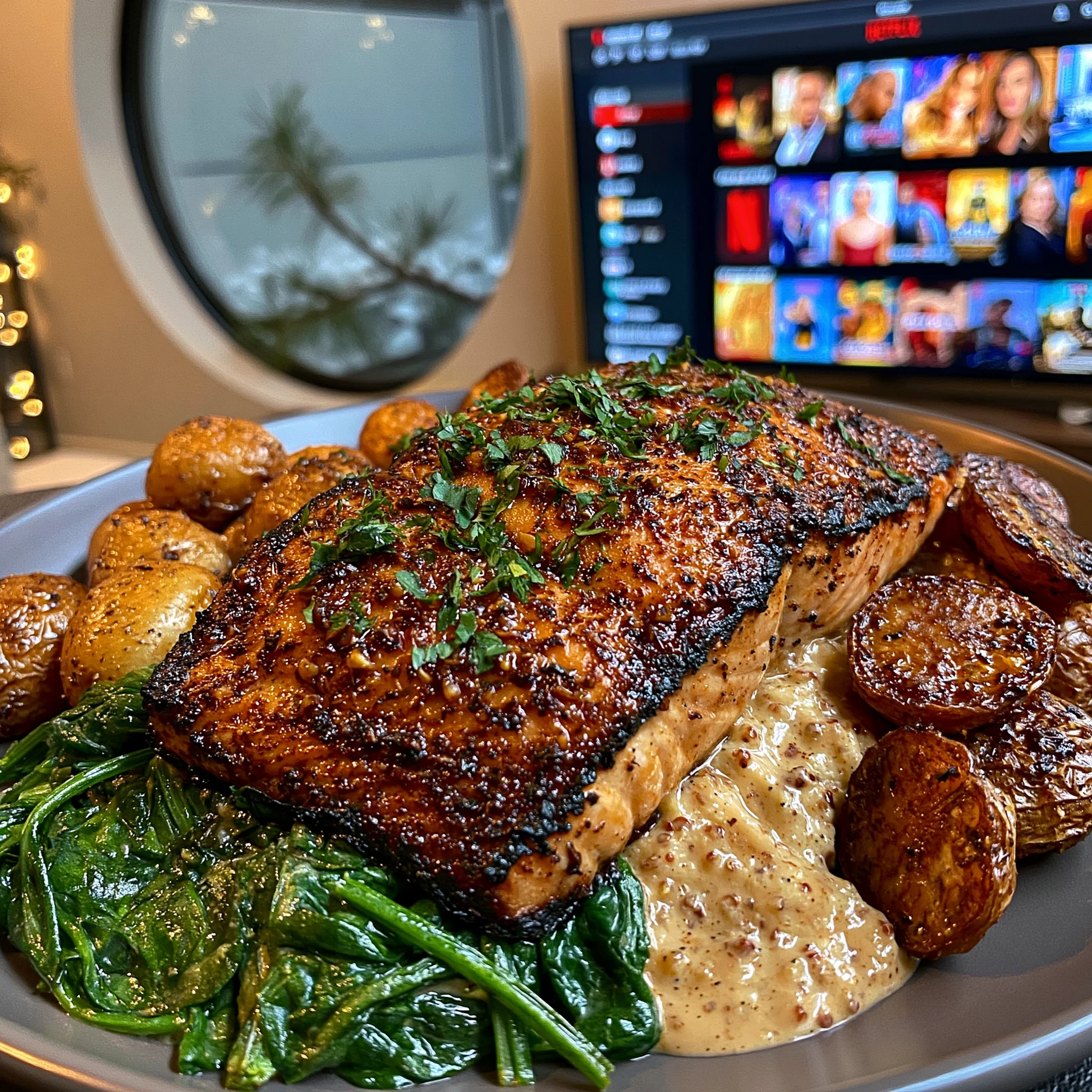 Broiled Salmon Fillets in a Rich Garlic Herb Cream Sauce with Sautéed Spinach and Roasted Baby Potatoes