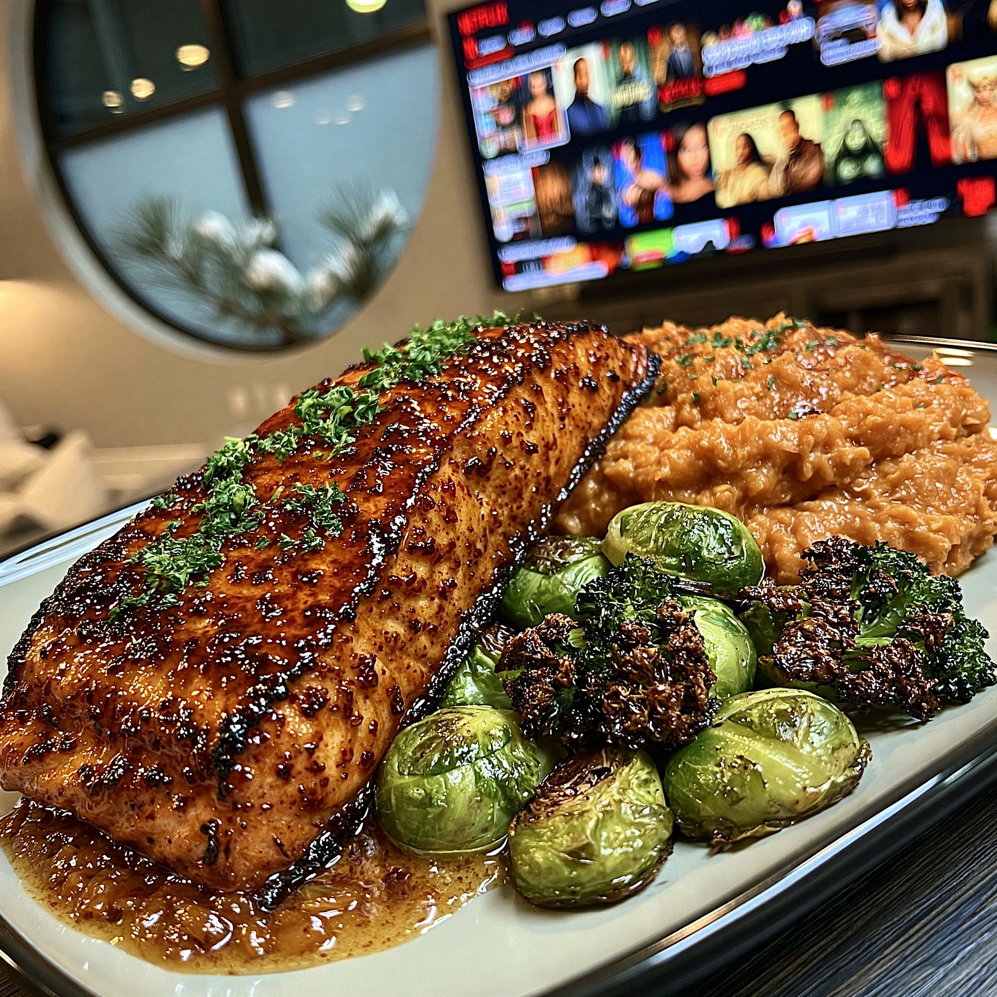 Brown Butter Orange Glazed Salmon with Crispy Roasted Brussels Sprouts and Creamy Sweet Potato Mash