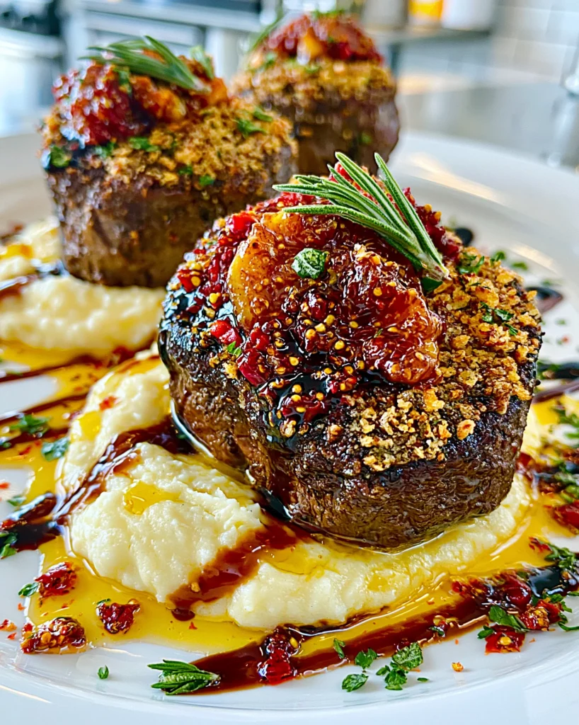 Brown Butter and Sage-Crusted Filet Mignon with a Balsamic-Glazed Fig Reduction