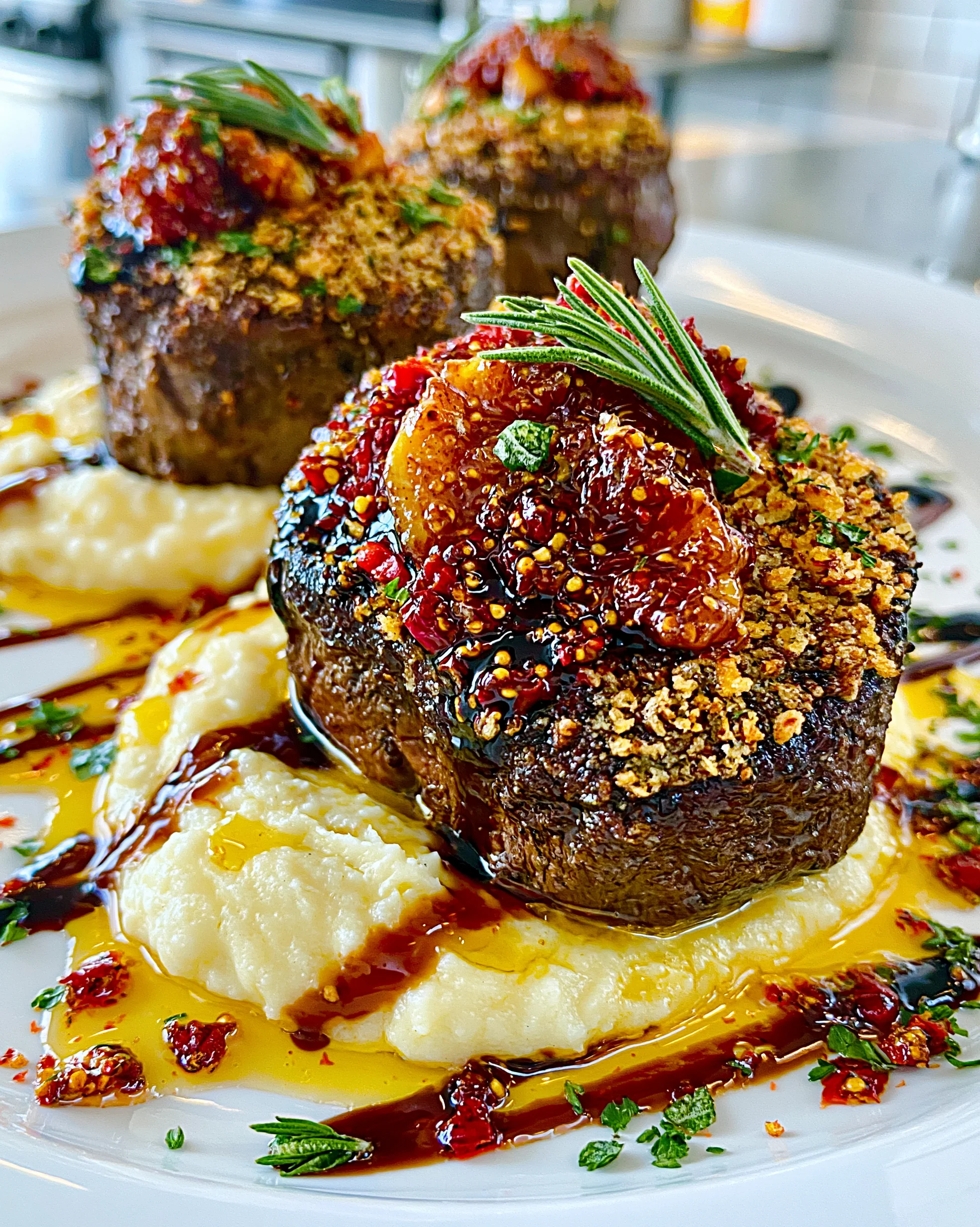 Brown Butter and Sage-Crusted Filet Mignon with a Balsamic-Glazed Fig Reduction