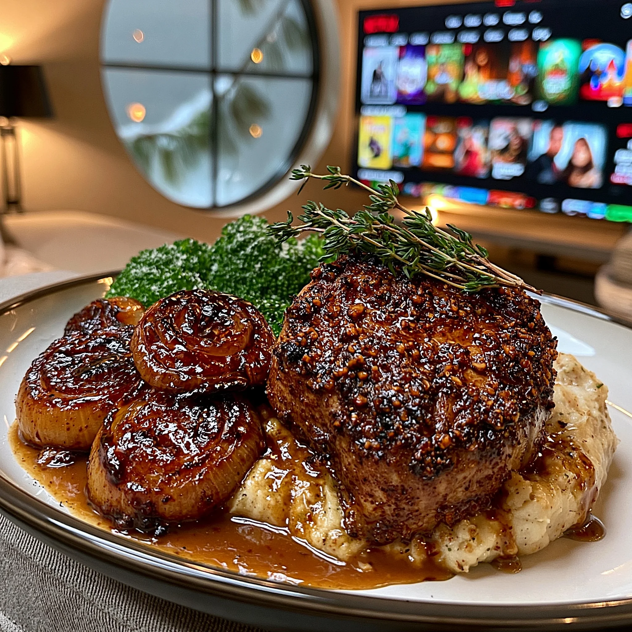 Caramelized Onion and Fennel-Crusted Veal Tenderloin with a Rich Roasted Garlic Gravy