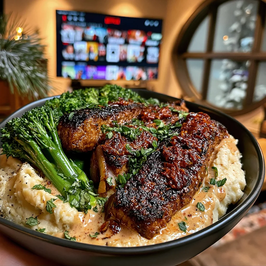 Caramelized Onion and Fresh Oregano-Crusted Strip Steak with a Sun-Dried Tomato Ghee Butter