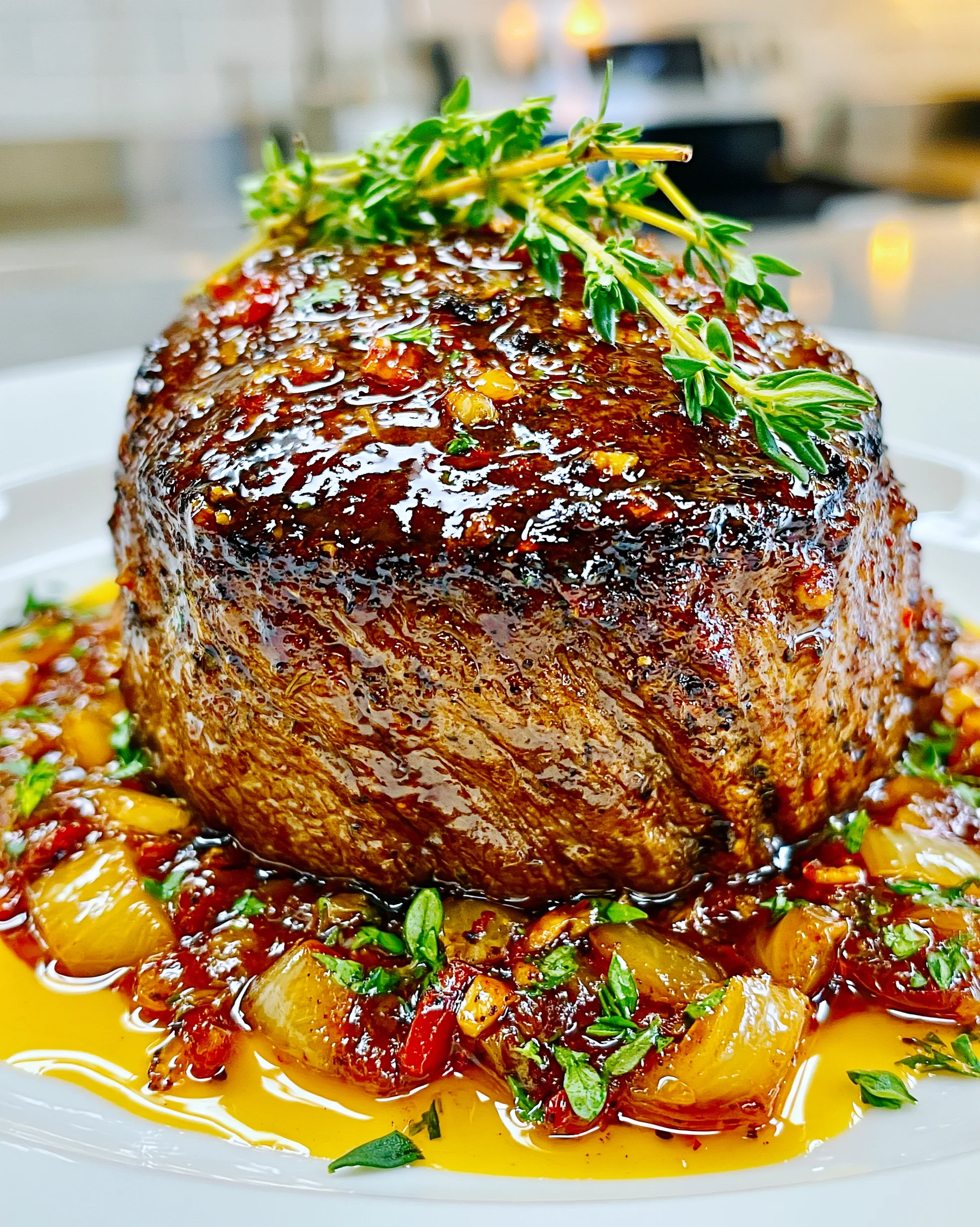 Caramelized Onion and Thyme-Glazed Filet Mignon with a Rich Porcini Mushroom Jus