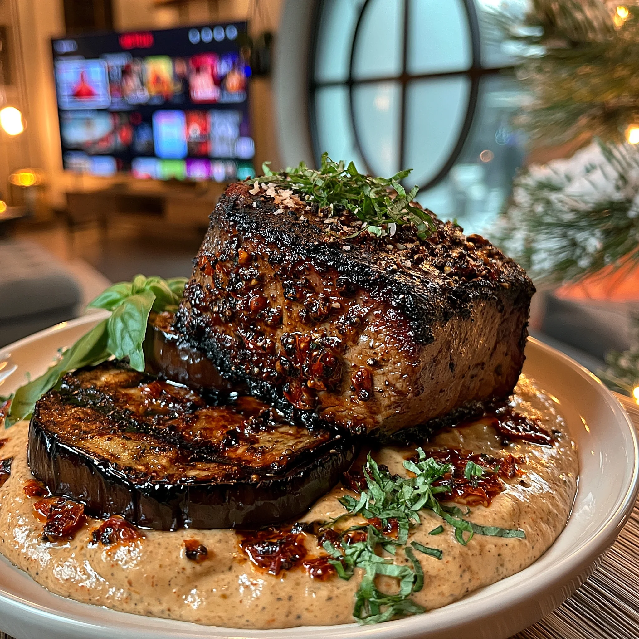 Charred Eggplant and Cracked Peppercorn-Crusted Filet Mignon with Whipped Sun-Dried Tomato and Basil Butter
