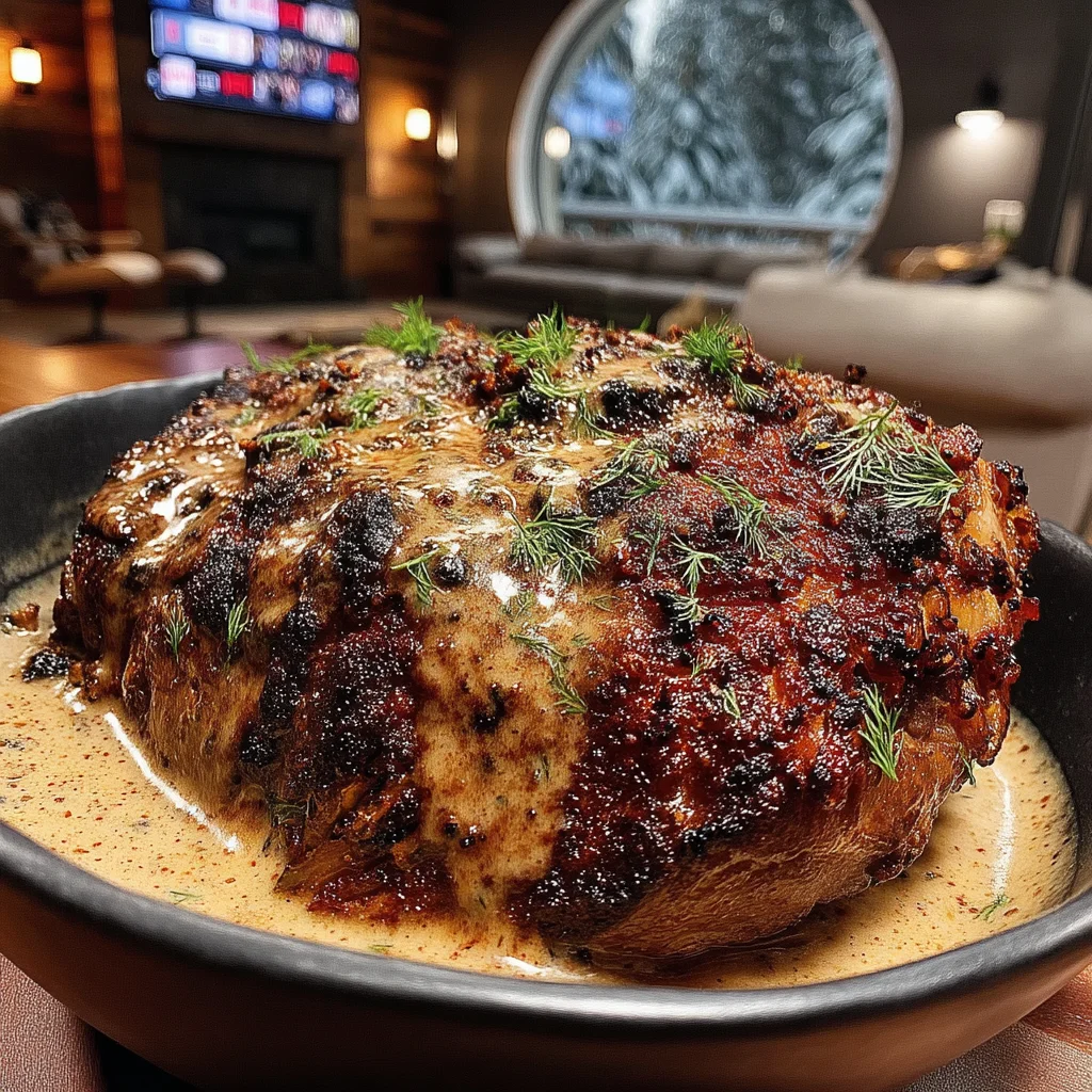 Charred Red Onion and Dill-Crusted Lamb Leg with a Velvety Roasted Garlic Gravy