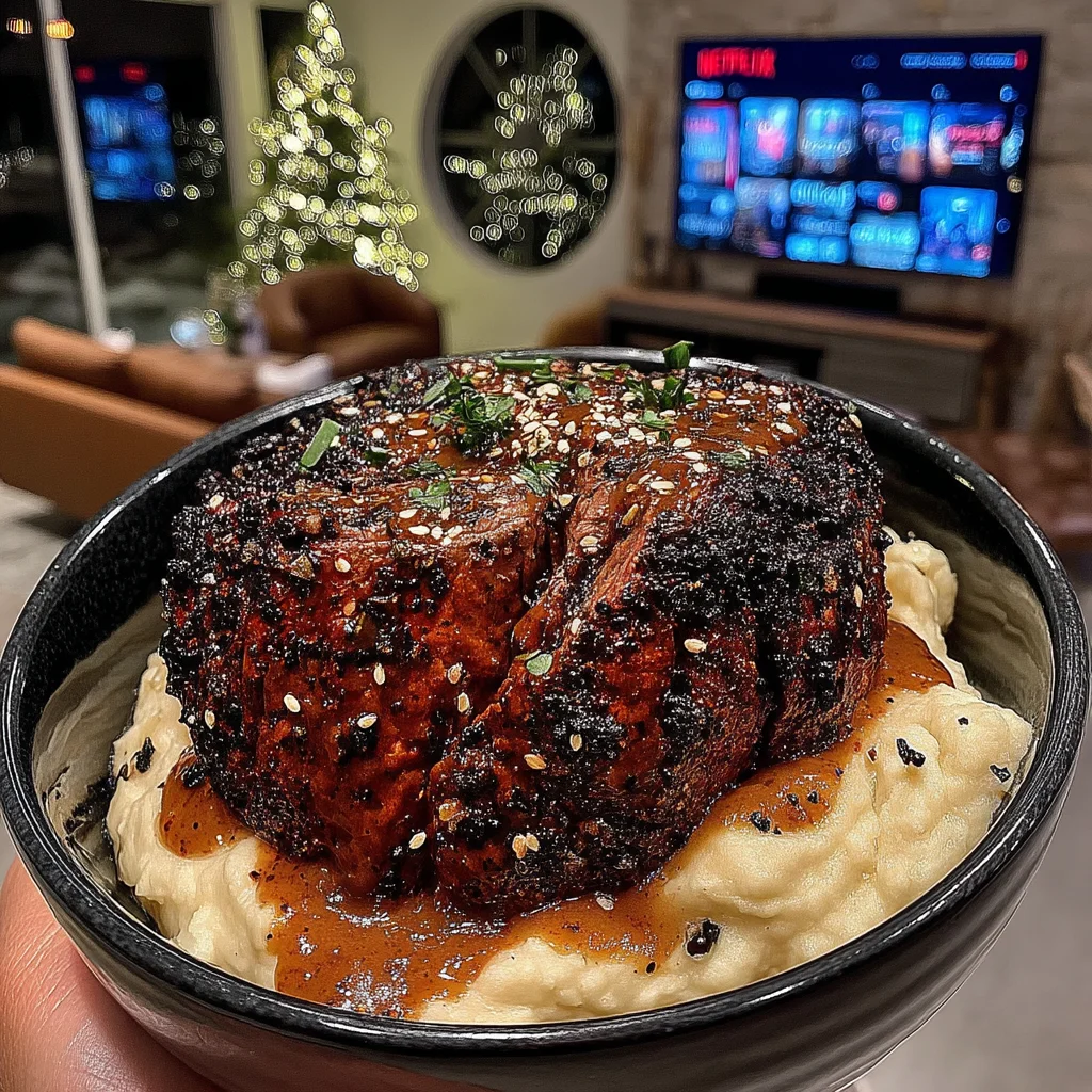 Charred Scallion and Ginger-Crusted Beef Tenderloin with a Silky Roasted Garlic Gravy