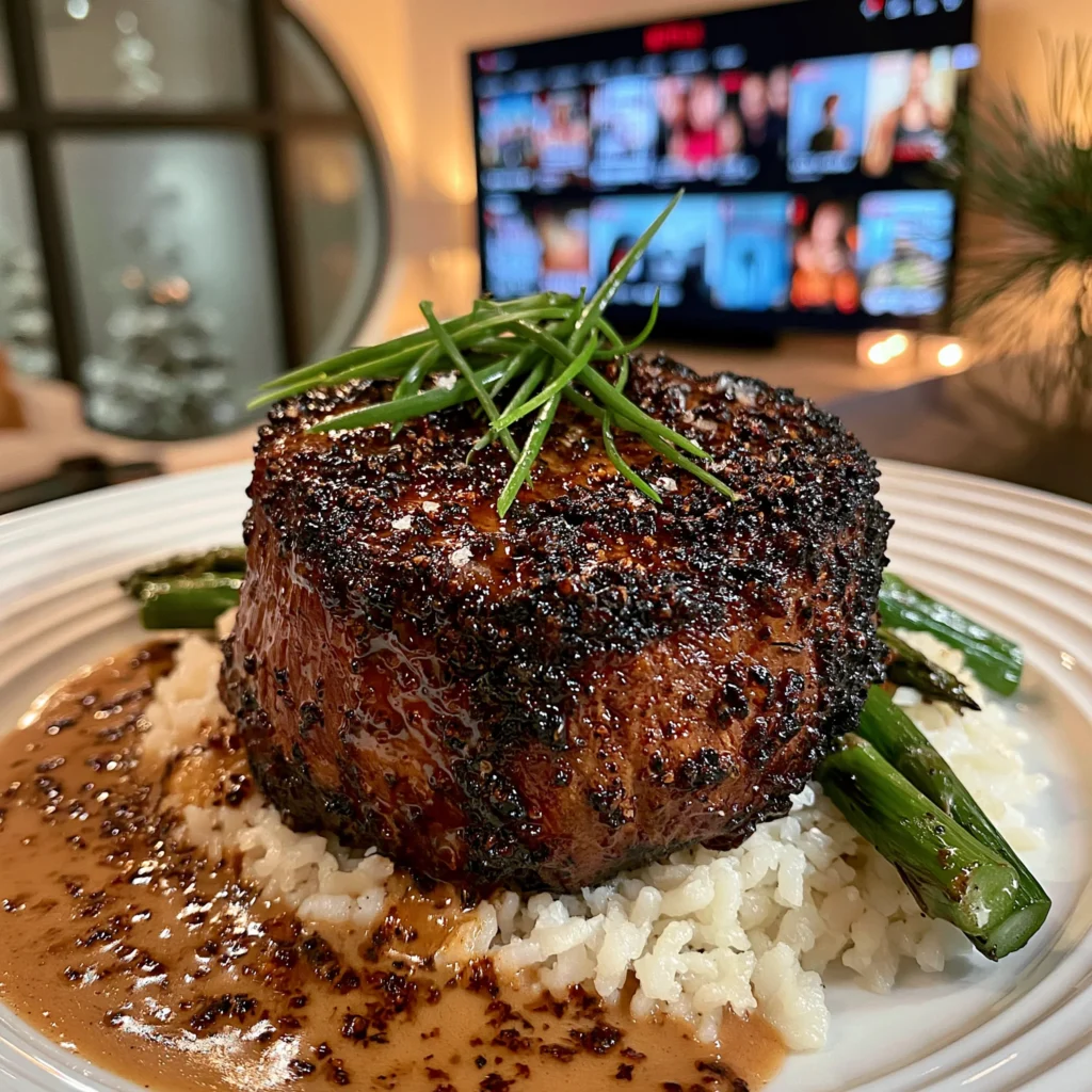 Charred Shallot and Crushed Cubeb Pepper-Crusted Filet Mignon with a Velvety Cognac and Tarragon Reduction