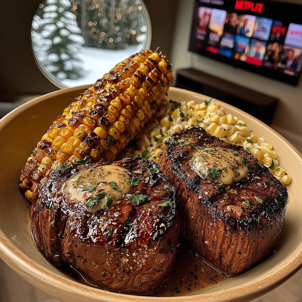 Charred Sweet Corn and Black Peppercorn-Crusted Filet Mignon with Smoked Garlic Compound Butter