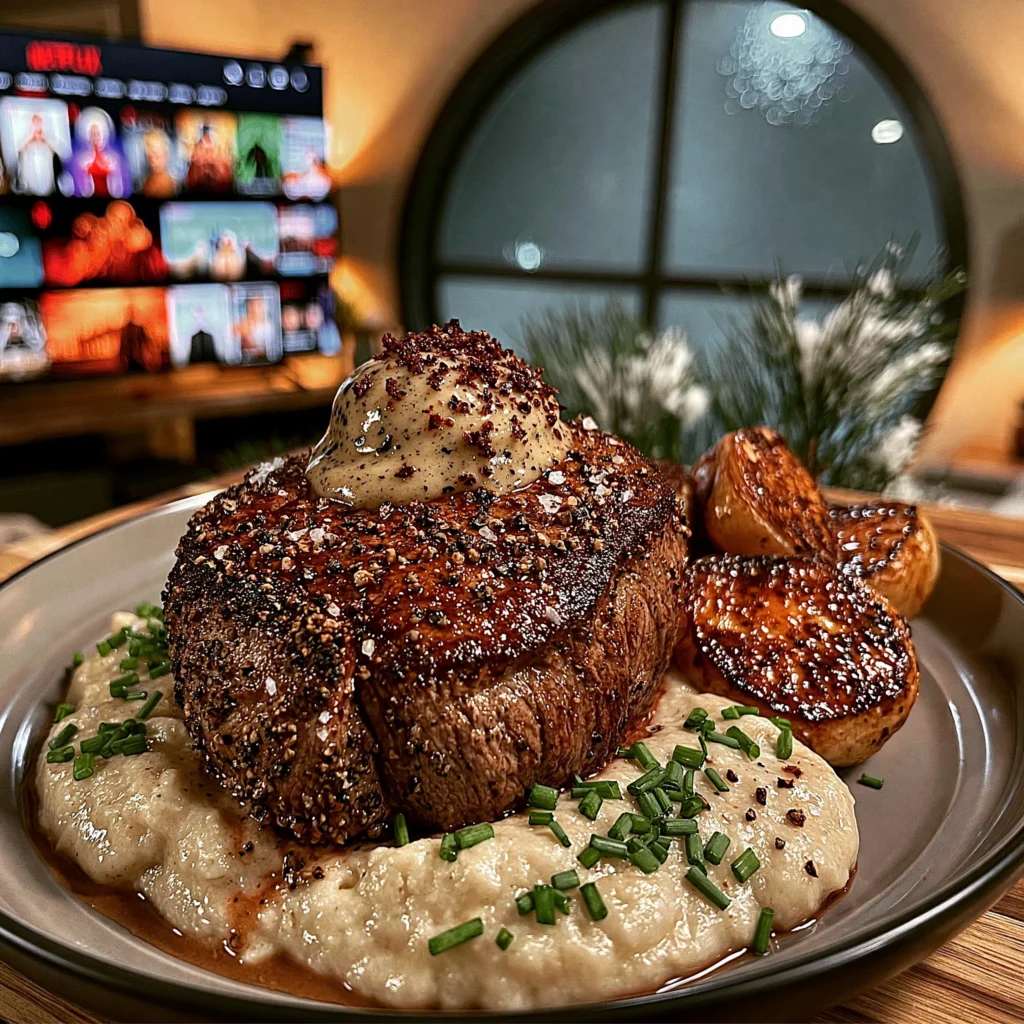 Coarse Sea Salt and Cracked Pepper-Crusted Filet Mignon with a Black Truffle Compound Butter