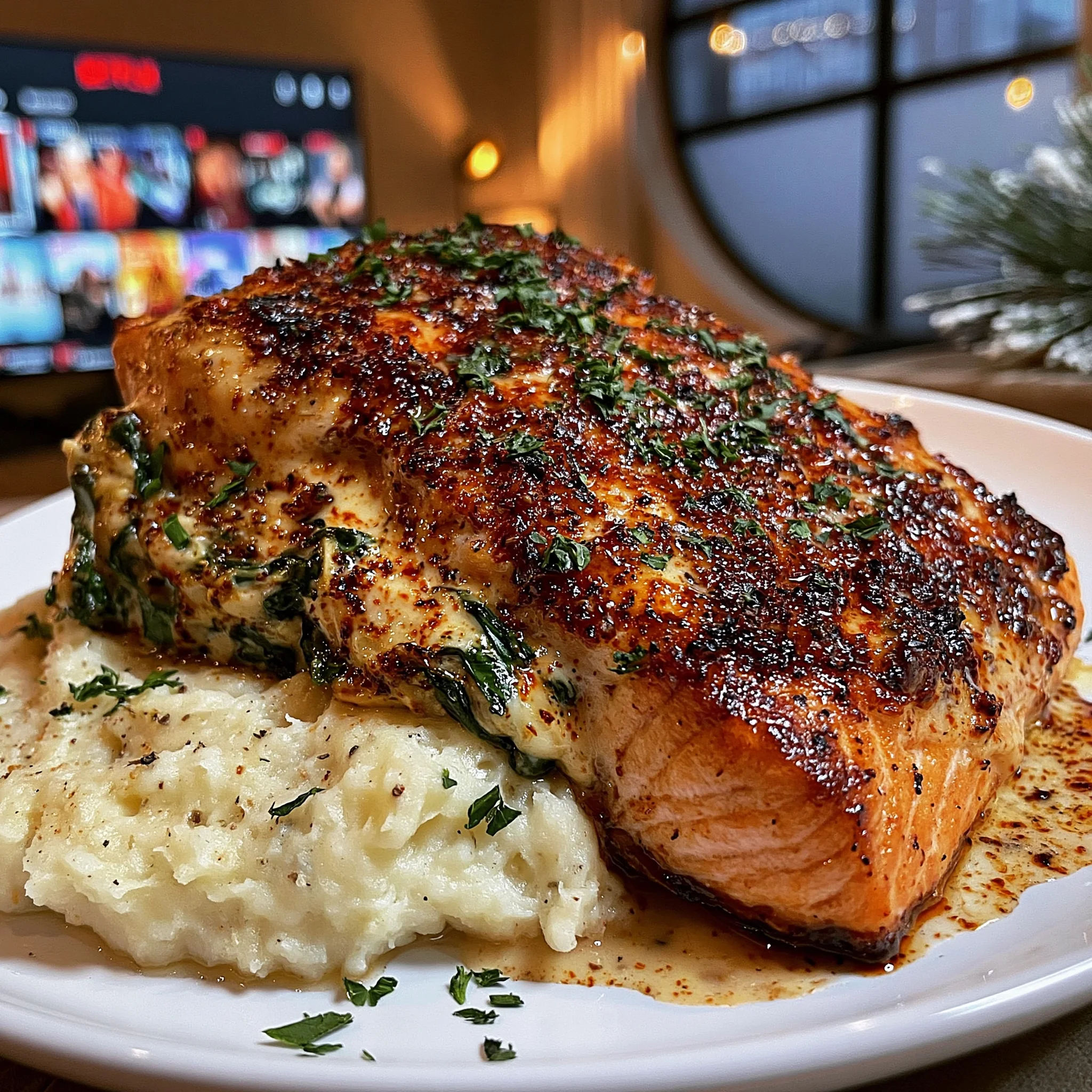 Creamy Spinach and Artichoke Stuffed Salmon with Buttery Garlic Mashed Potatoes