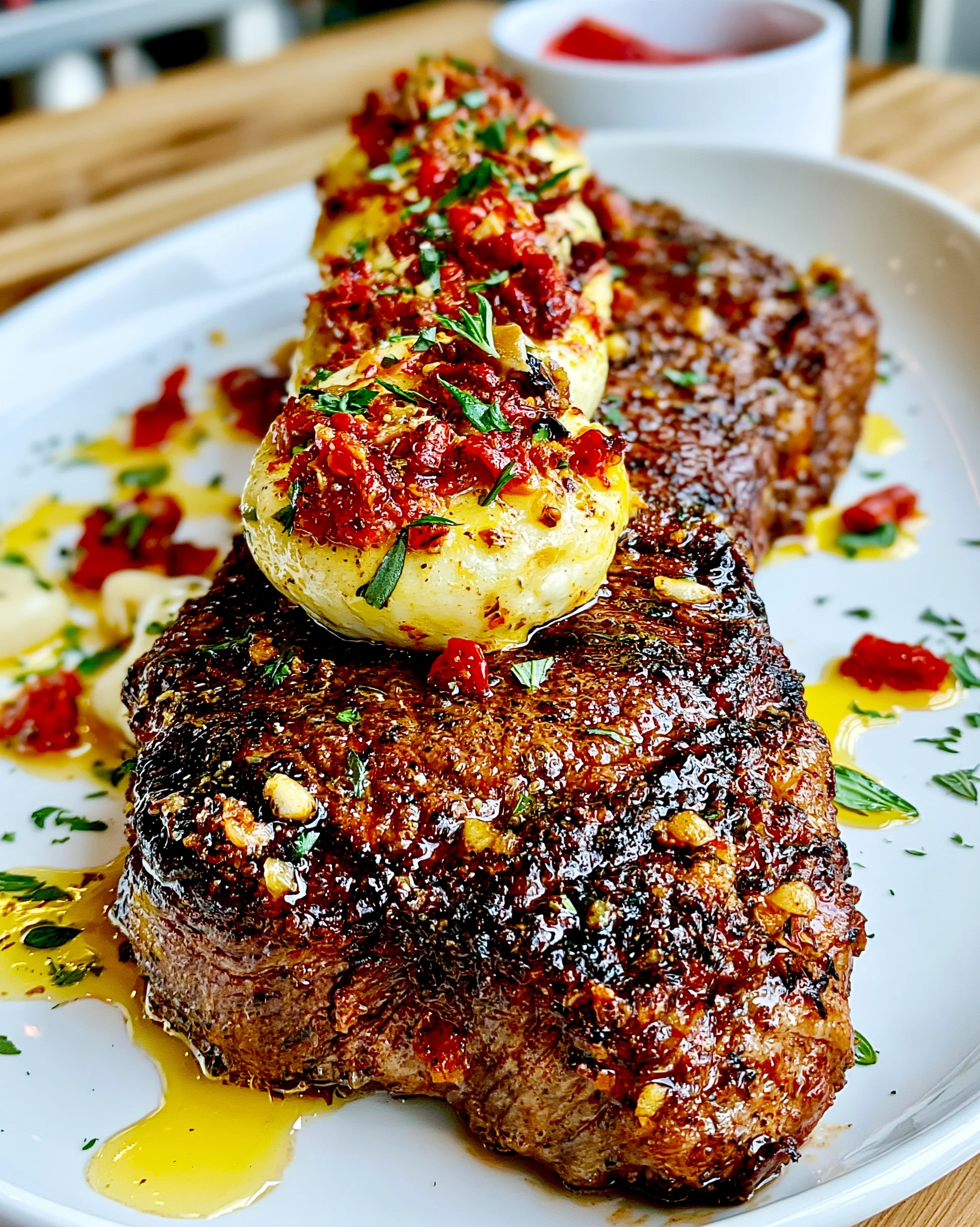 Crispy Garlic and Fresh Oregano-Crusted Strip Steak with a Sun-Dried Tomato and Olive Confit Butter