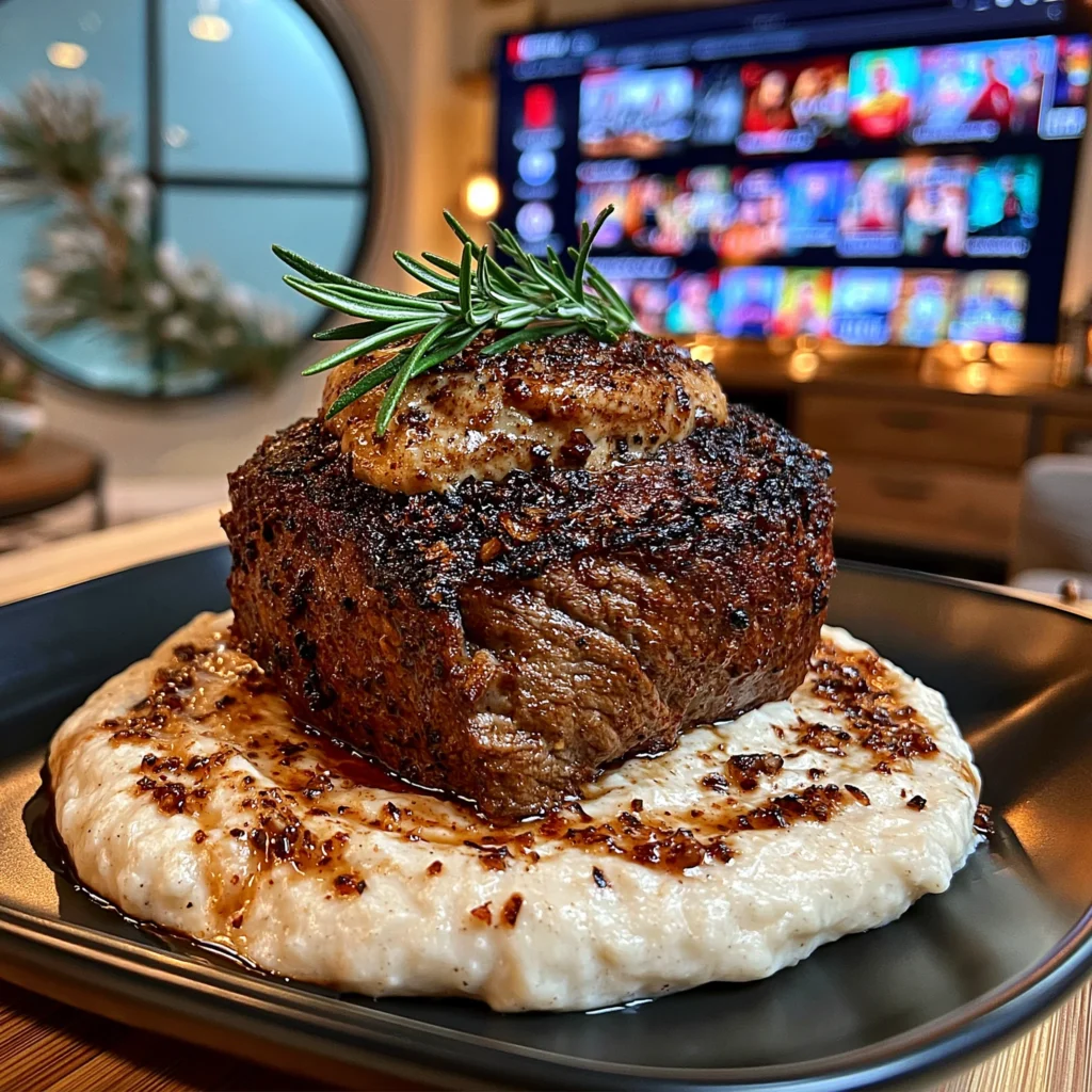 Crispy Garlic and Rosemary-Crusted Filet Mignon with a Black Garlic Compound Butter