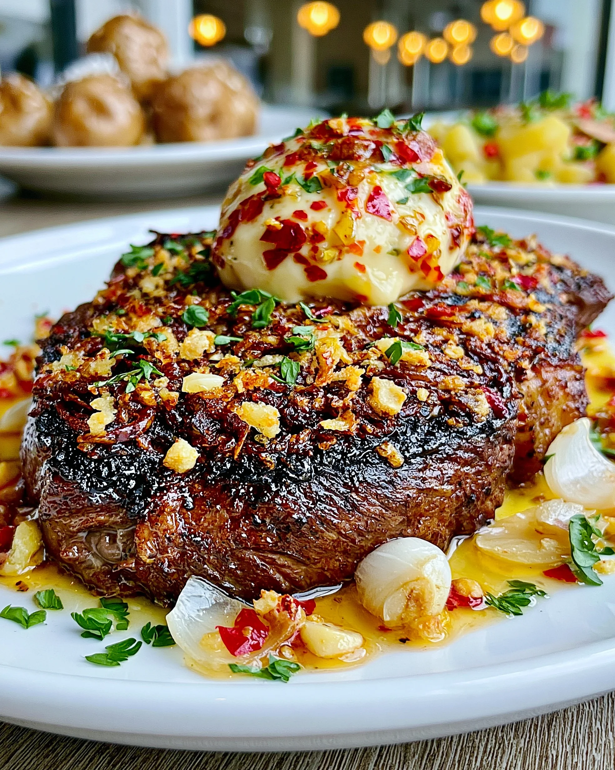 Crispy Shallot and Cracked Grains of Paradise-Crusted Ribeye with a Porcini Mushroom Confit Butter