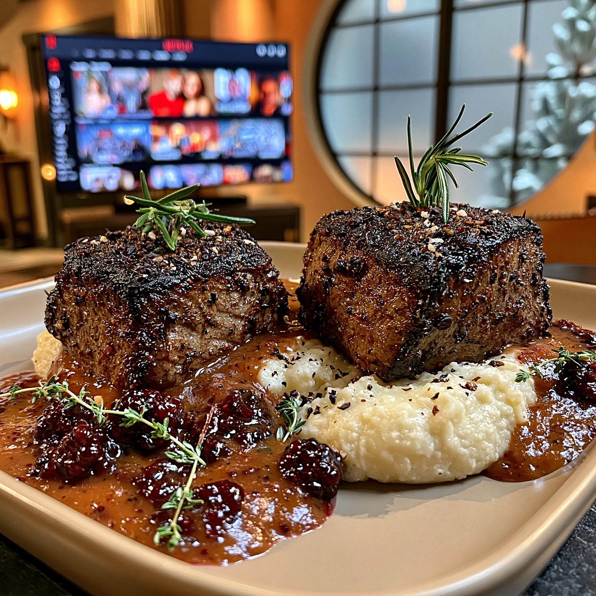 Crushed Juniper and Rosemary-Crusted Venison Medallions with a Rich Blackberry and Thyme Gravy