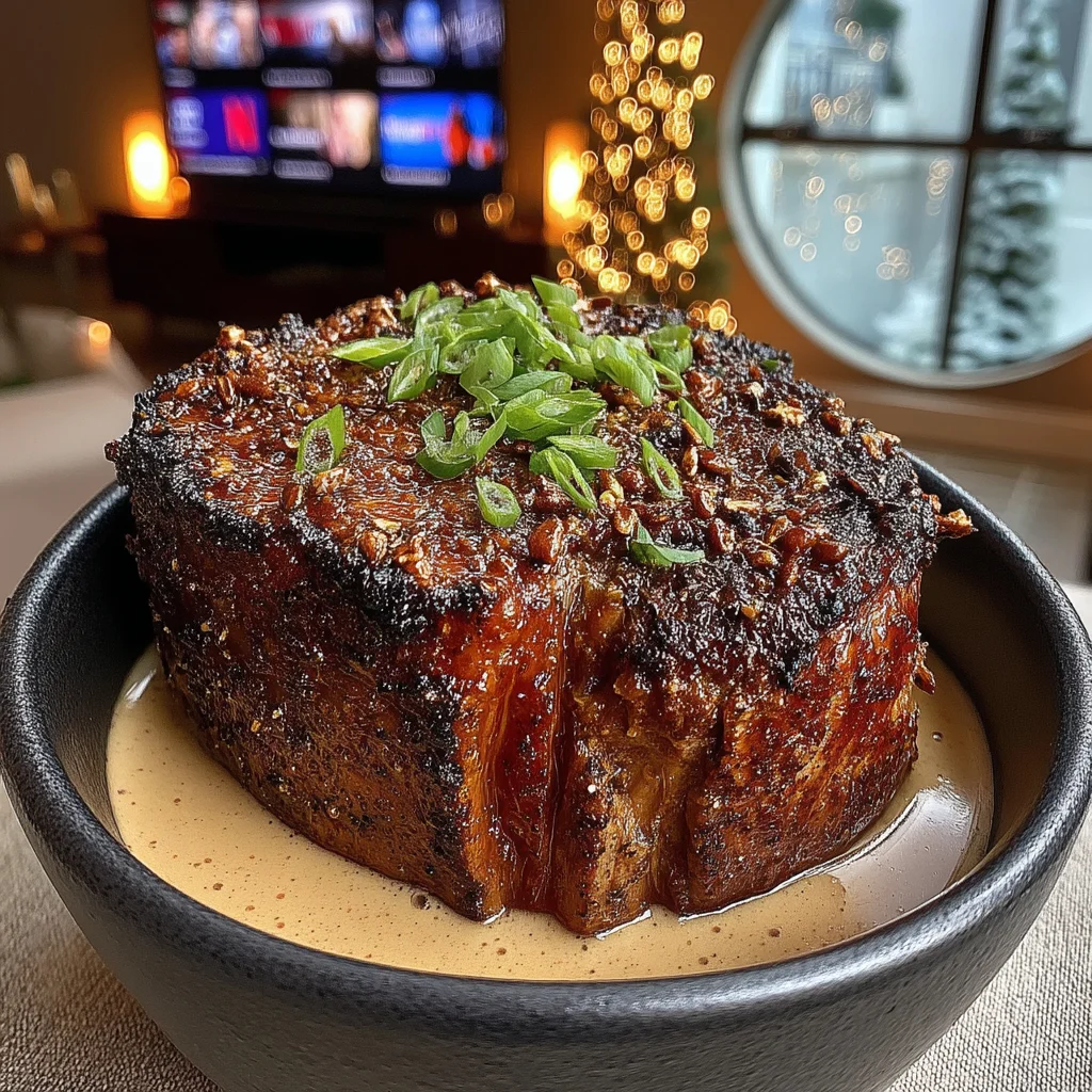 Crushed Pecan and Smoked Chili-Crusted Prime Rib with a Velvety Caramelized Onion Gravy