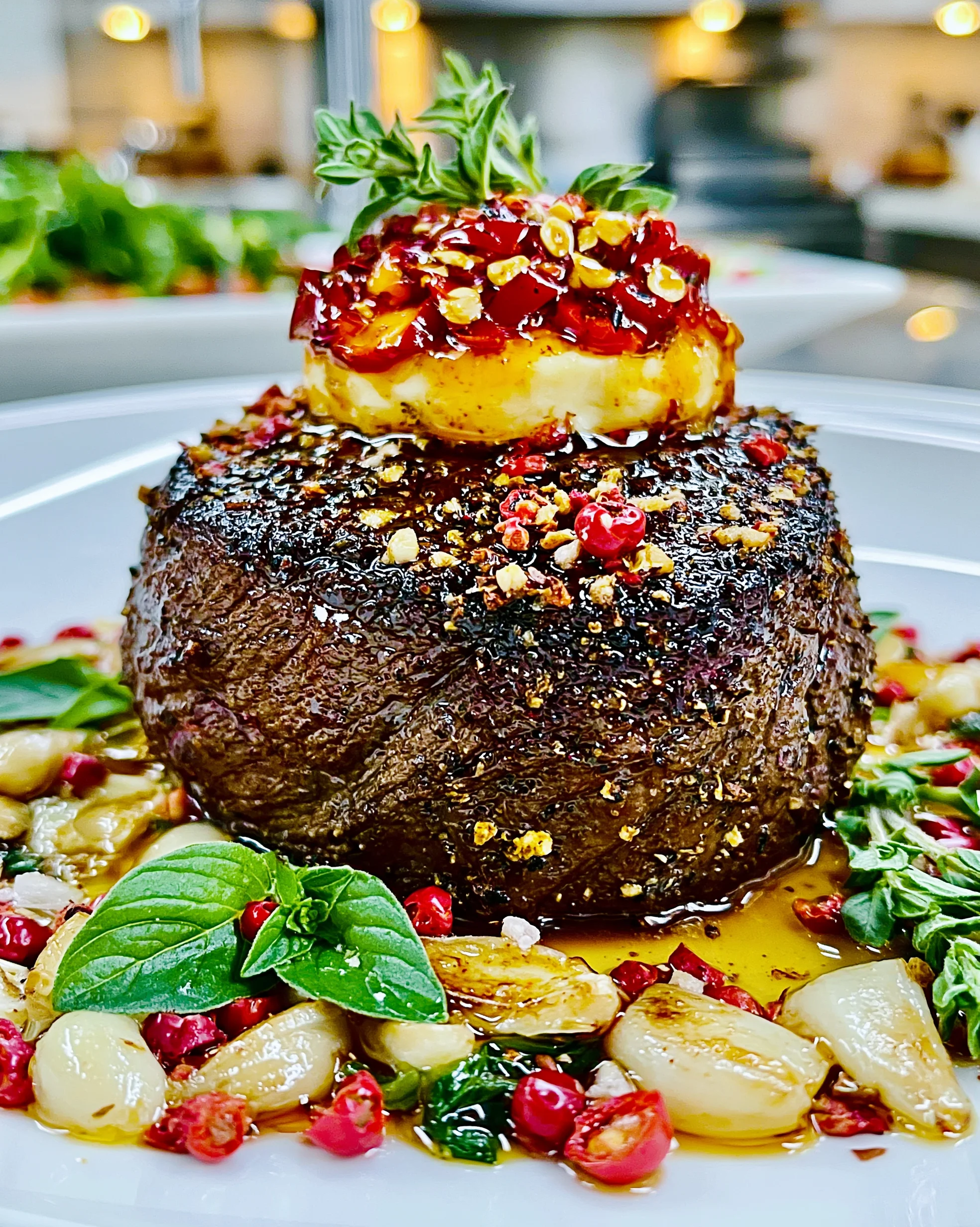 Crushed Pink Peppercorn and Fresh Oregano-Crusted Filet Mignon with a Charred Red Pepper Ghee Butter