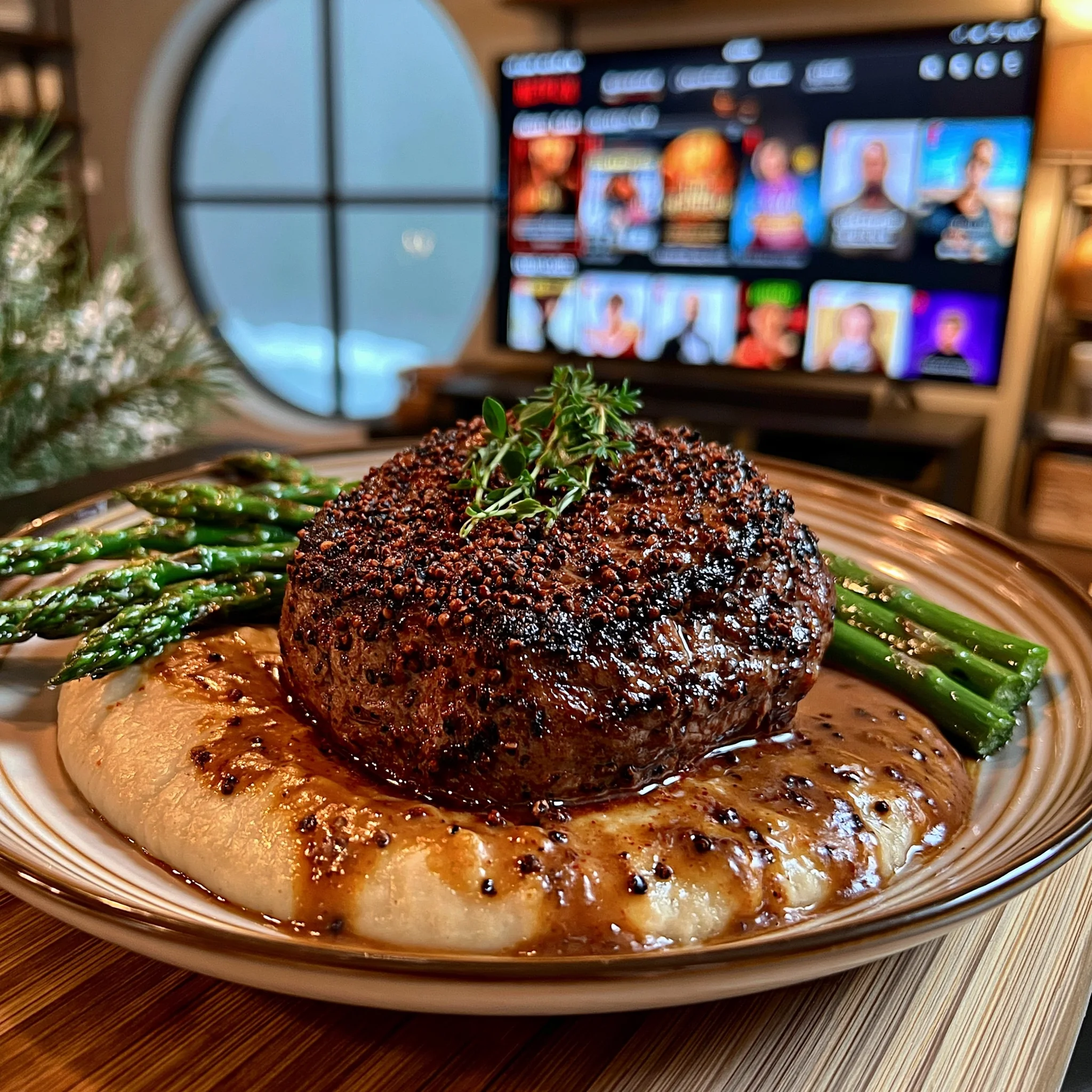 Crushed Pink Peppercorn and Meyer Lemon Zest-Crusted Filet Mignon with a Champagne-Tarragon Reduction