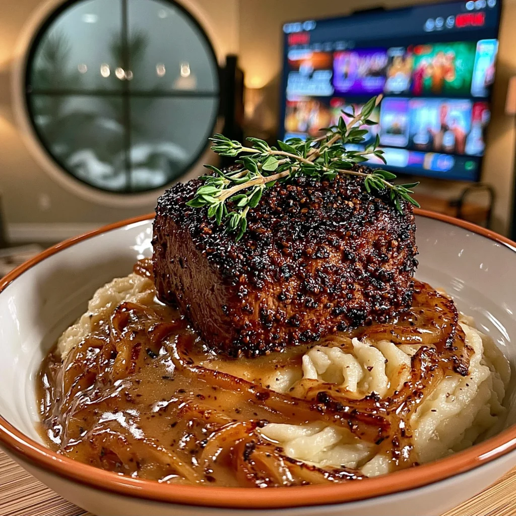 Crushed Szechuan Peppercorn and Thyme-Crusted Filet Mignon with a Brown Butter Shallot Jus