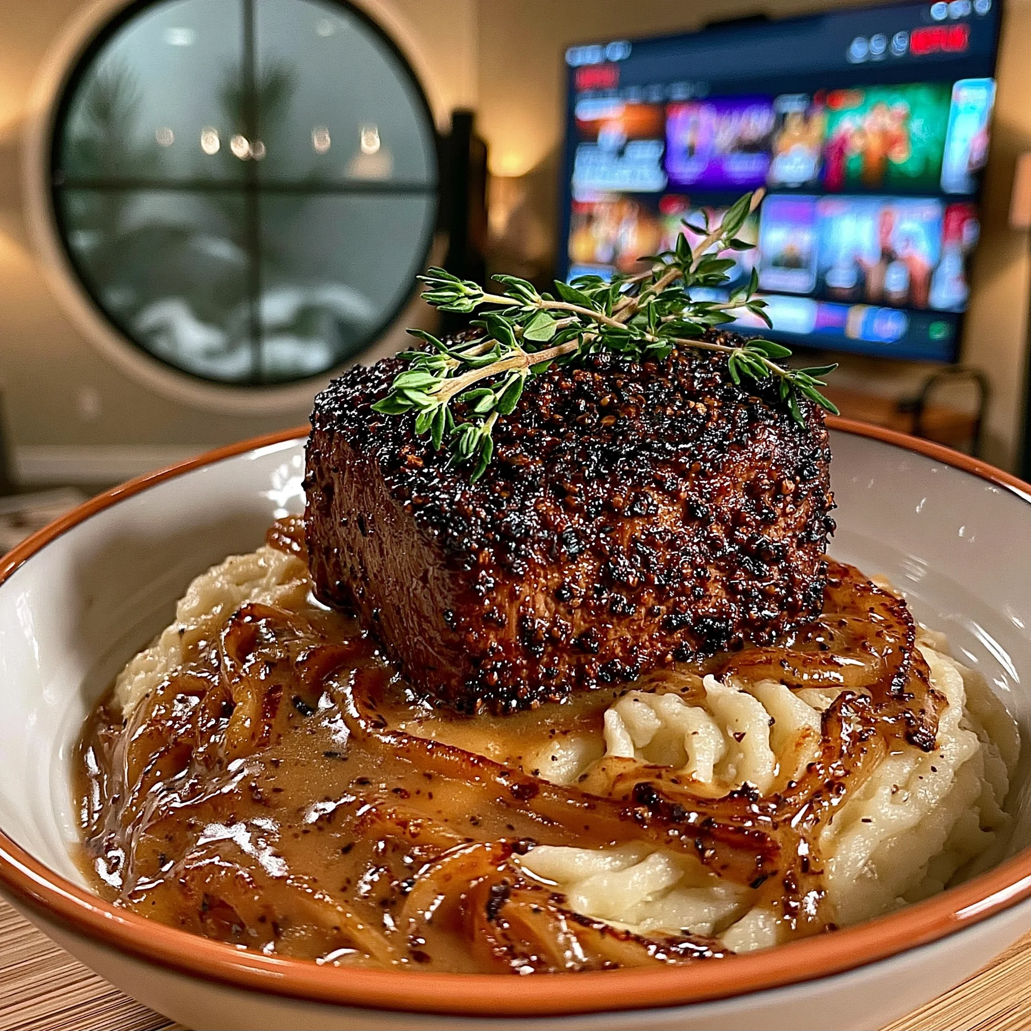 Crushed Szechuan Peppercorn and Thyme-Crusted Filet Mignon with a Brown Butter Shallot Jus
